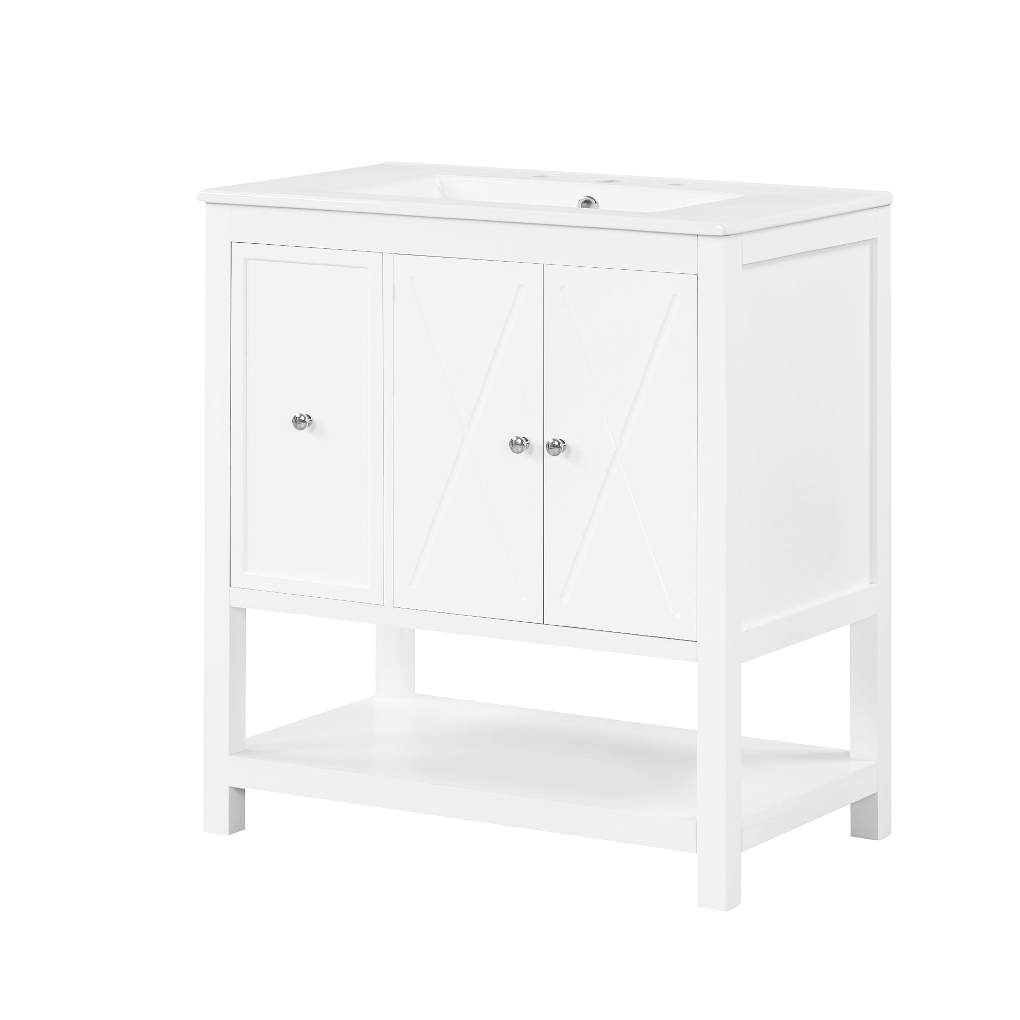 30" Bathroom Vanity with Sink Top, Bathroom Vanity Cabinet with Two Doors and One Drawer, MDF Boards, Solid Wood, One Package, White