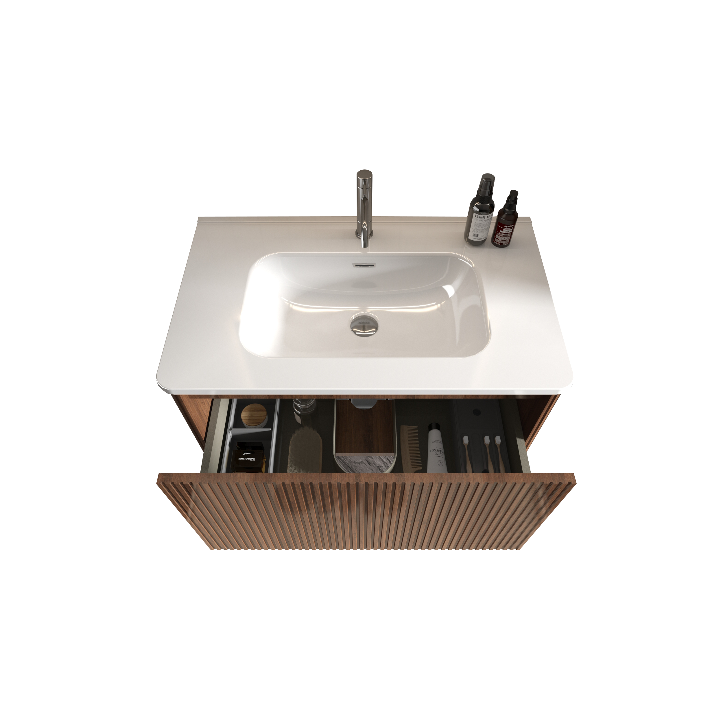 U047-Etna30W-305 Etna 30" Striped Walnut Bathroom Vanity with White Ceramic Sink, Wall Mounted Floating Bathroom Vanity for Modern Bathroom, Pre-assembled