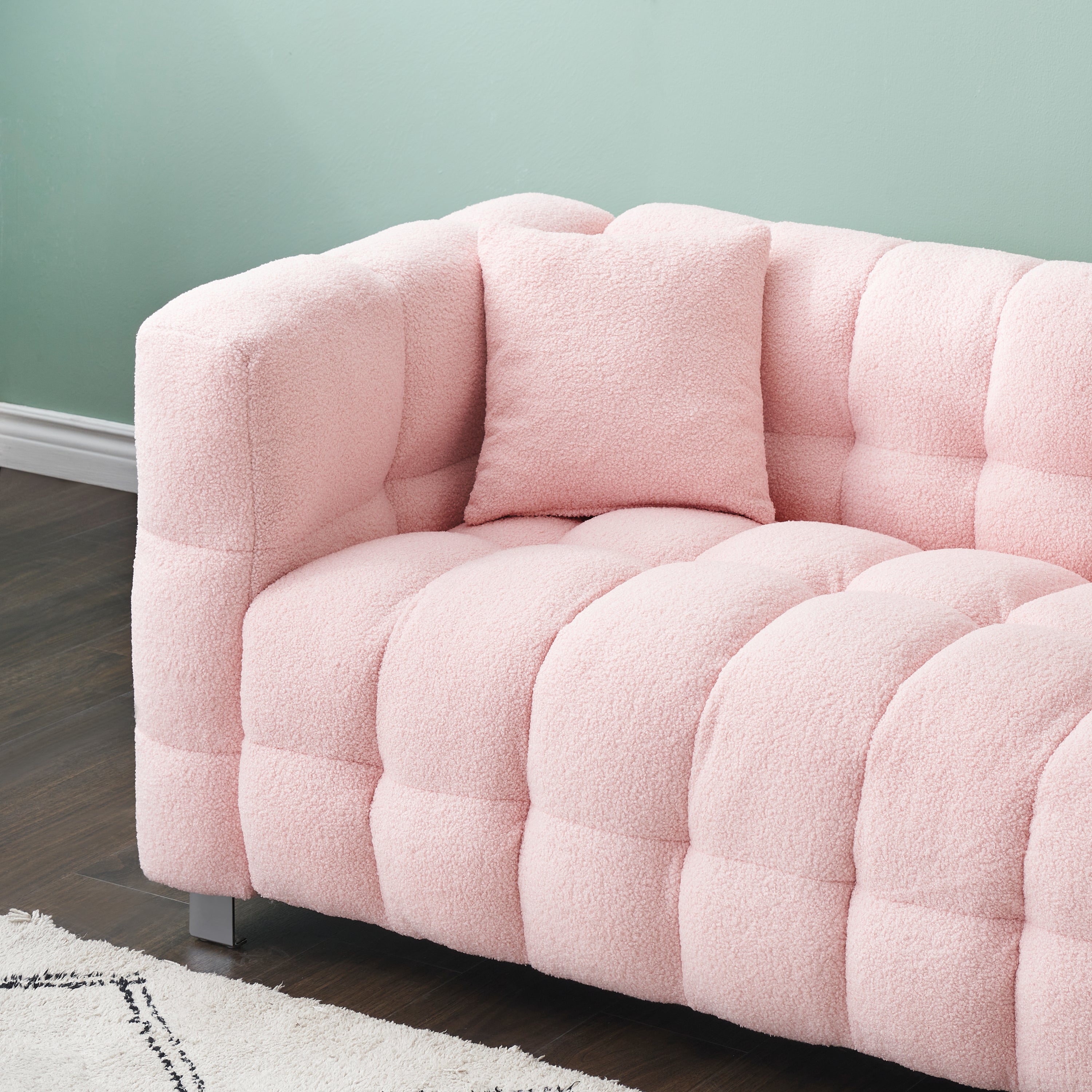 Charming 102-Inch Pink Teddy Fleece Sofa for Living Room, Bedroom, or Apartment - Includes Two Chic Throw Pillows & Sturdily Supported by Hardware Feet