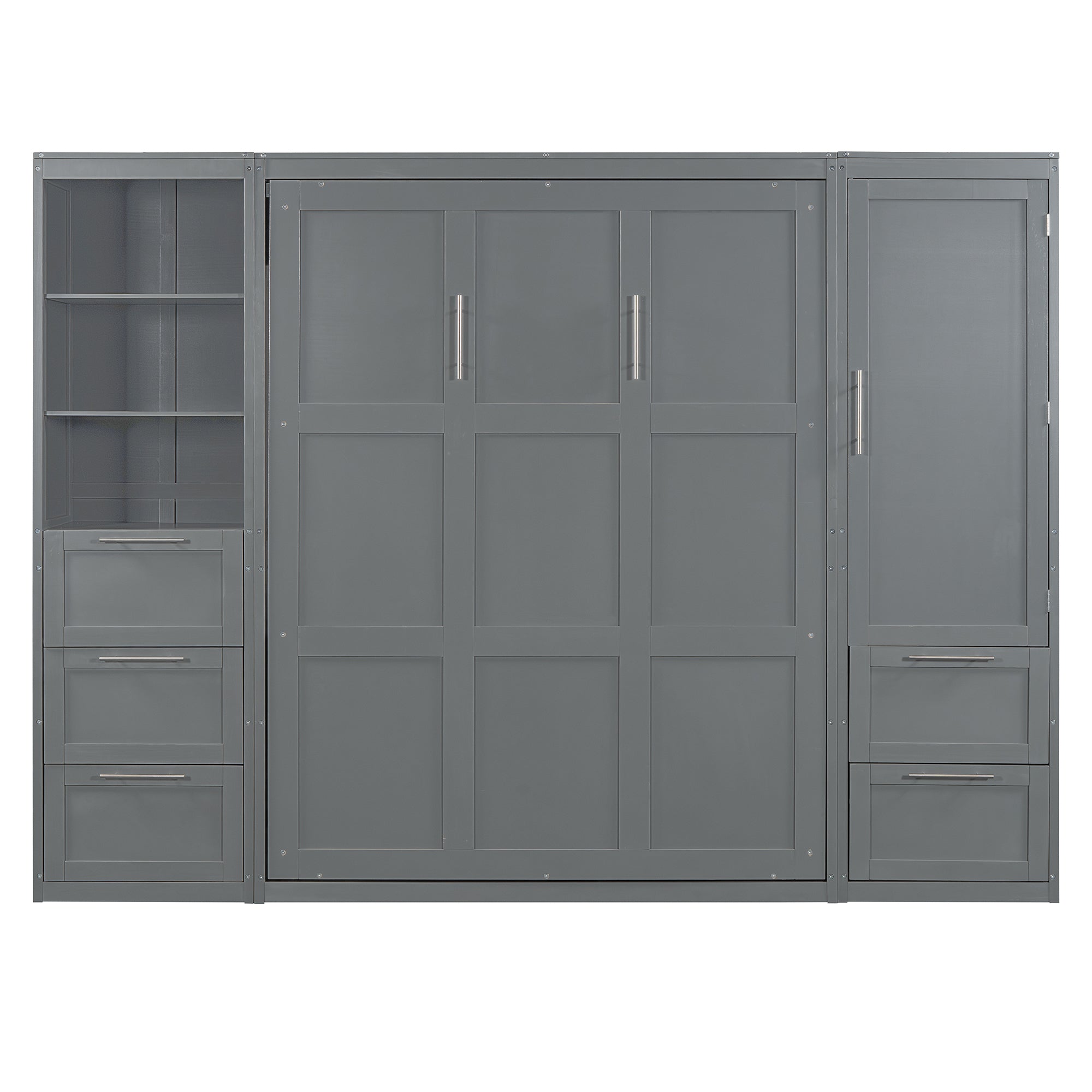 Queen Size Murphy Bed Wall Bed with Closet ,Drawers and Shelves,Gray