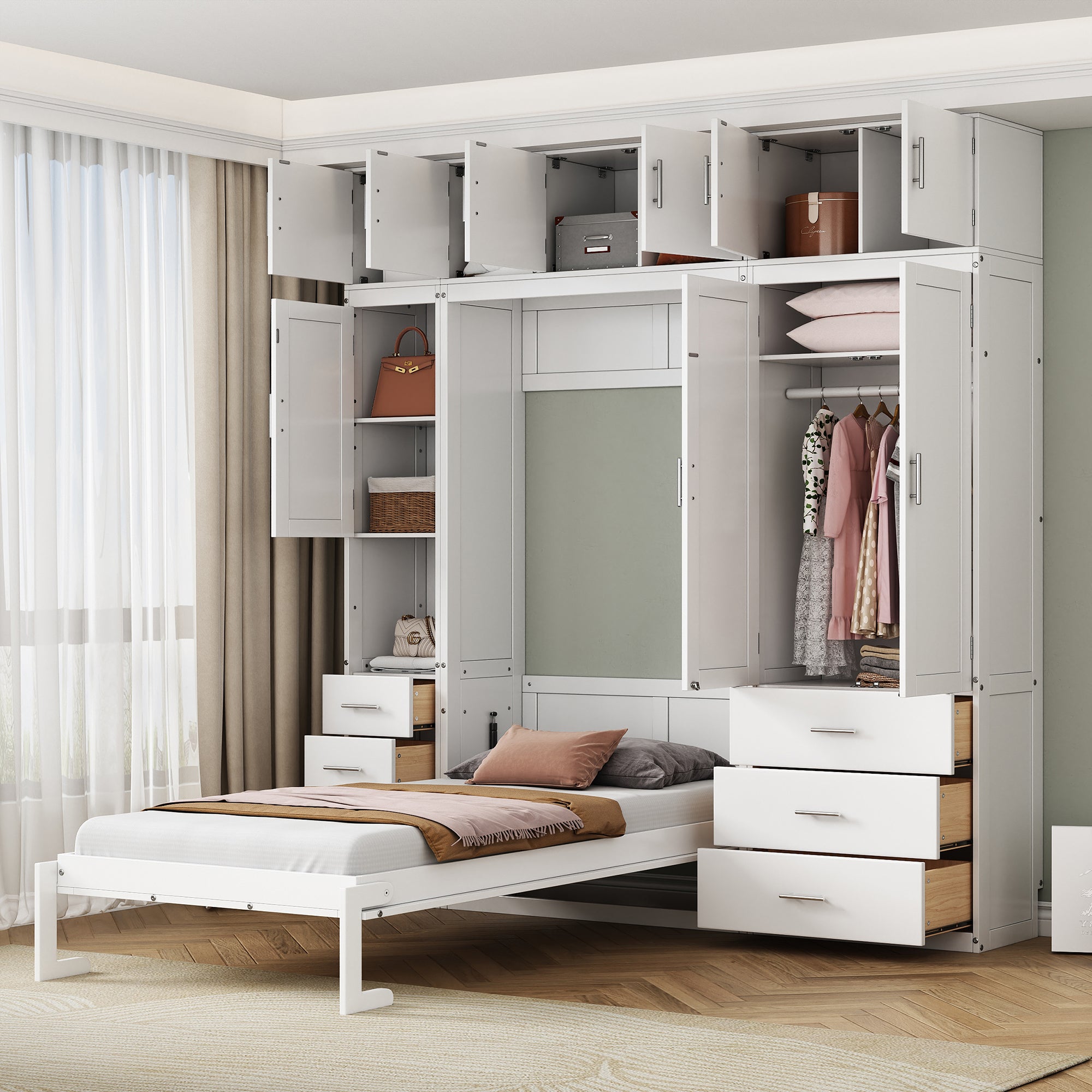 Twin Size Murphy Bed with Lockers and Wardrobes, With installation video, White