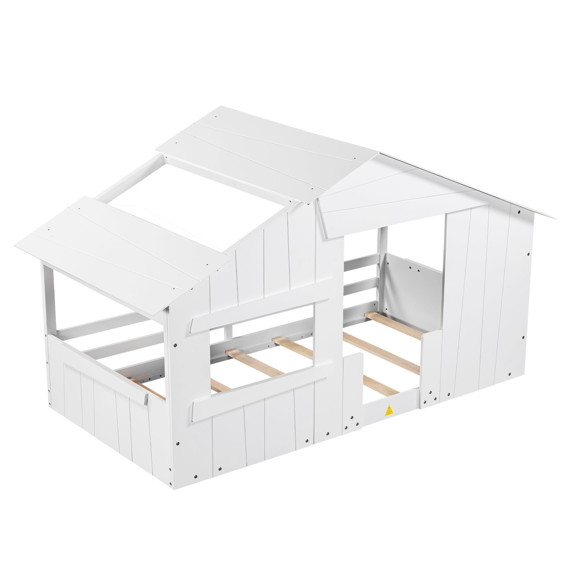 Wood Twin Size House Bed with Roof, Window and Guardrail, White