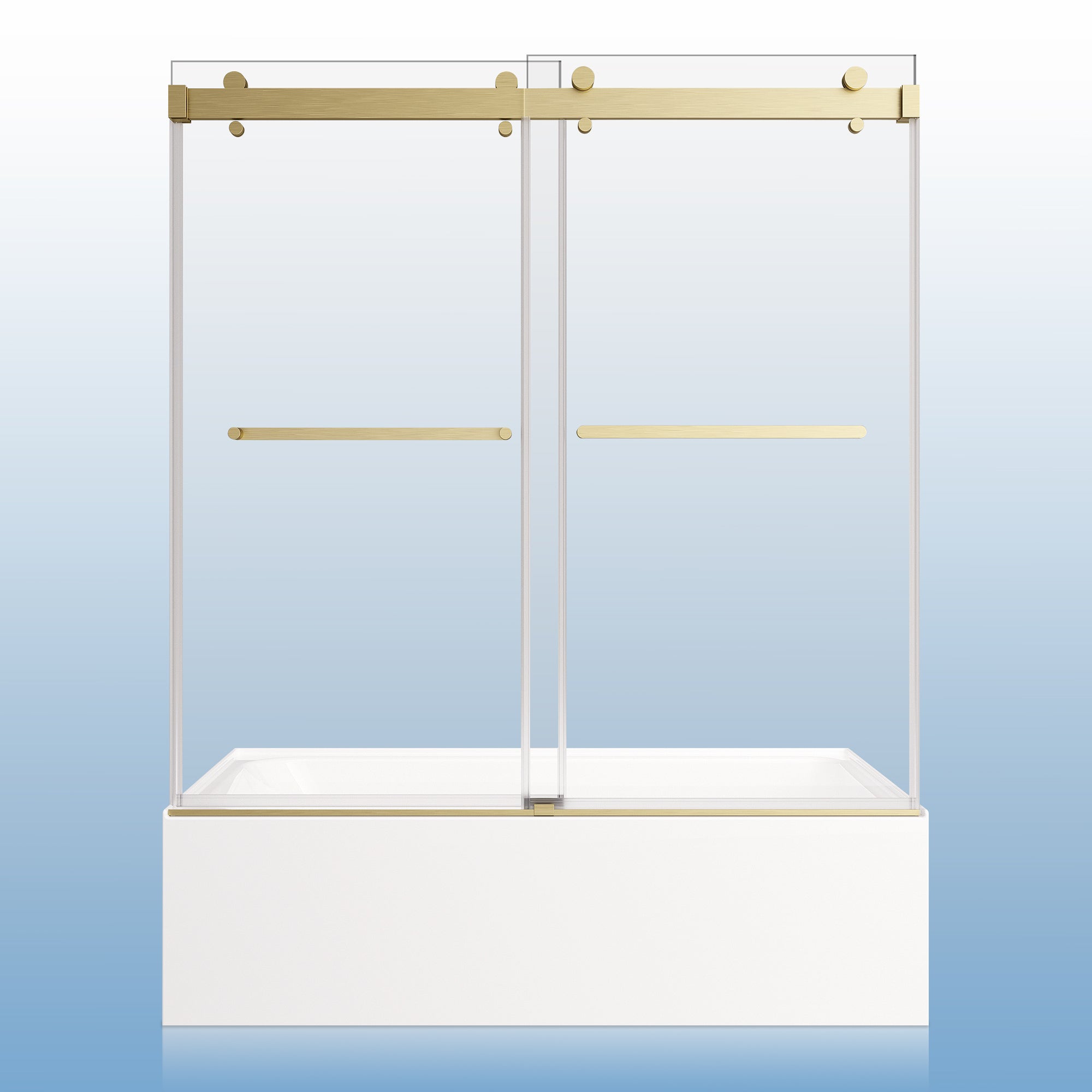 56-60"W × 60"H Double Sliding Frameless Bathtub Door With 3/8 inches (10mm) Clear Tempered Glass, Brushed Gold Finish