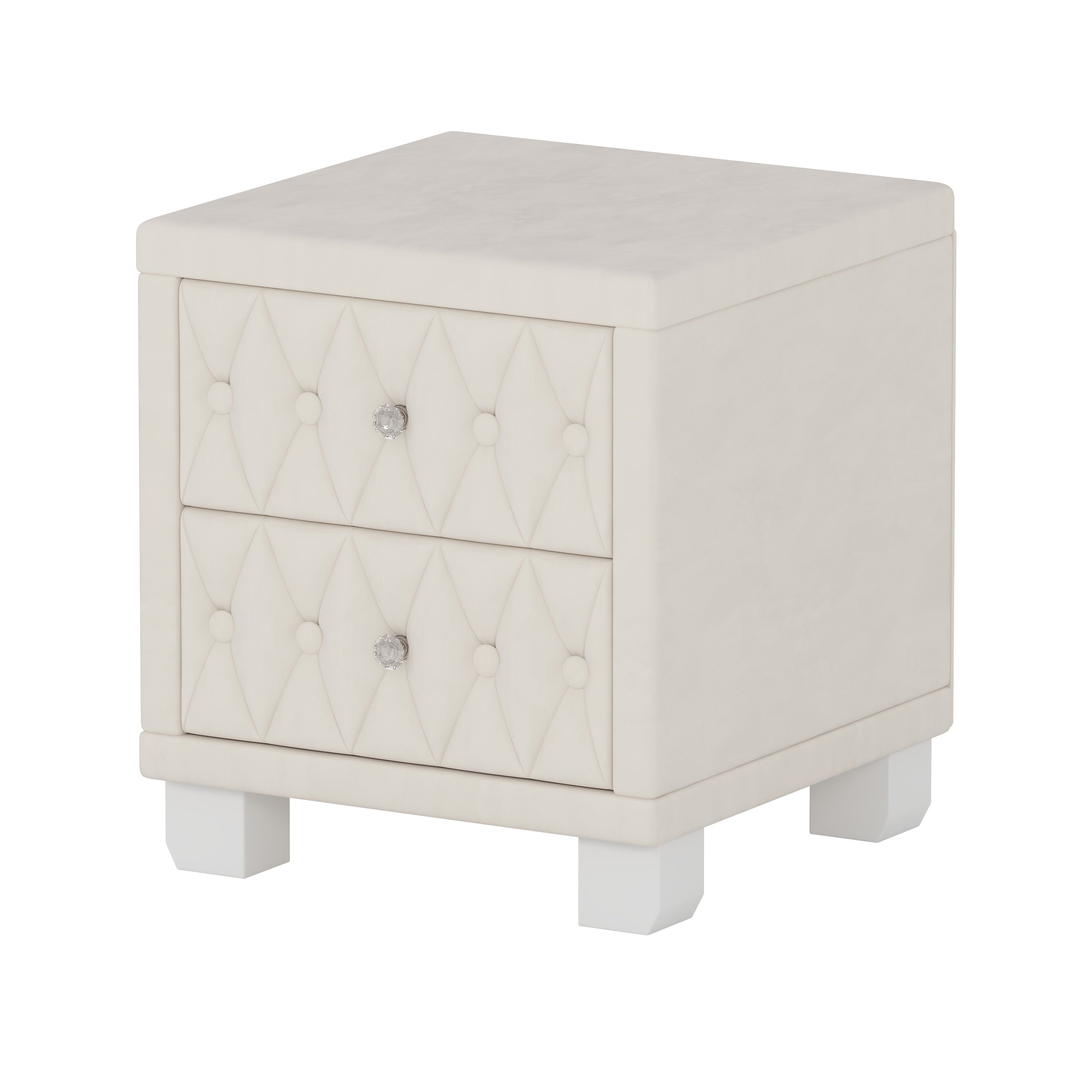 Beige velvet nightstand with crystal handles, styled bedroom view