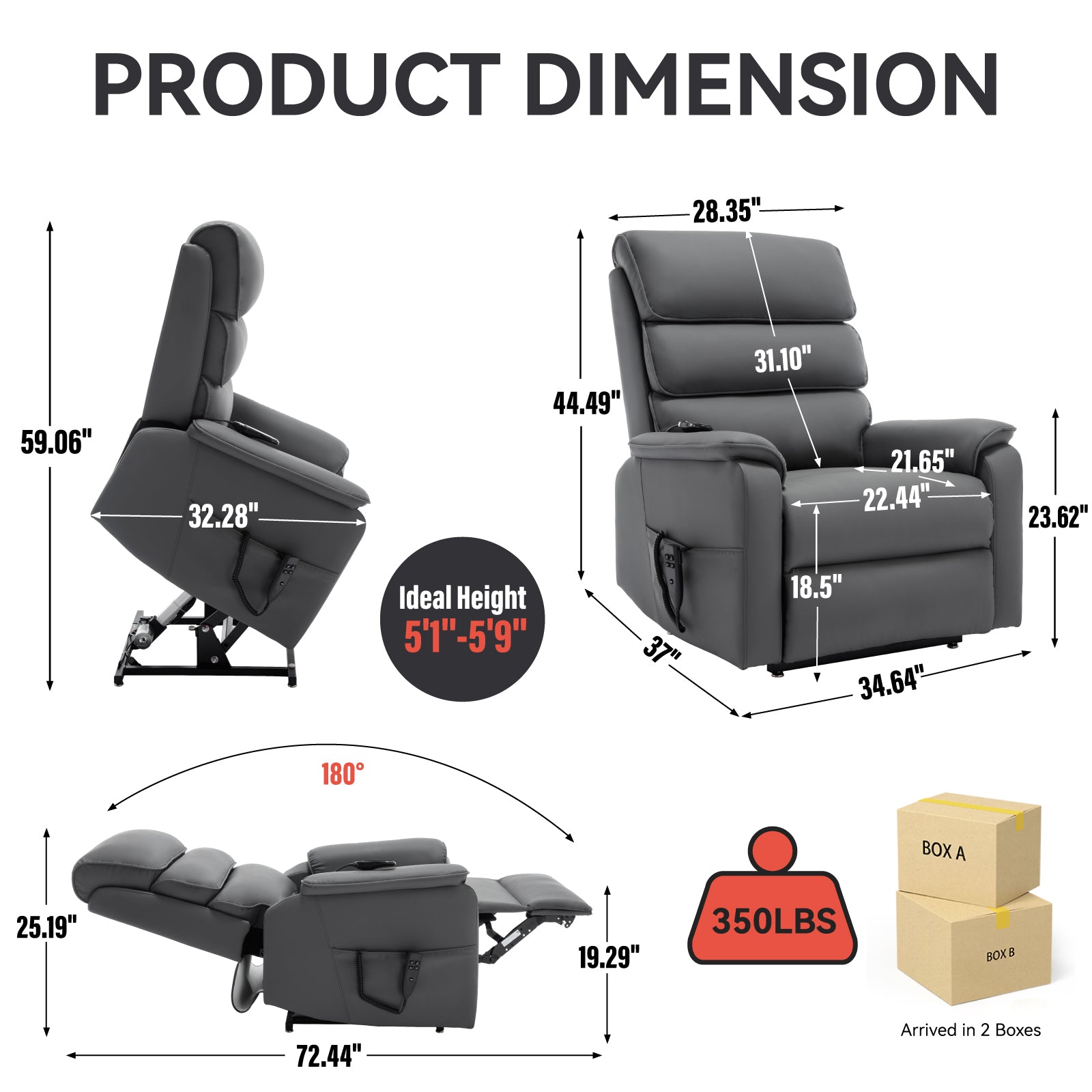 Grey Cat-proof Leather Dual Motor Infinite Position Up to 350 LBS Power Lift Recliner Chair with Power-Remote, Heat Massage and Heavy Duty Motion Mechanism