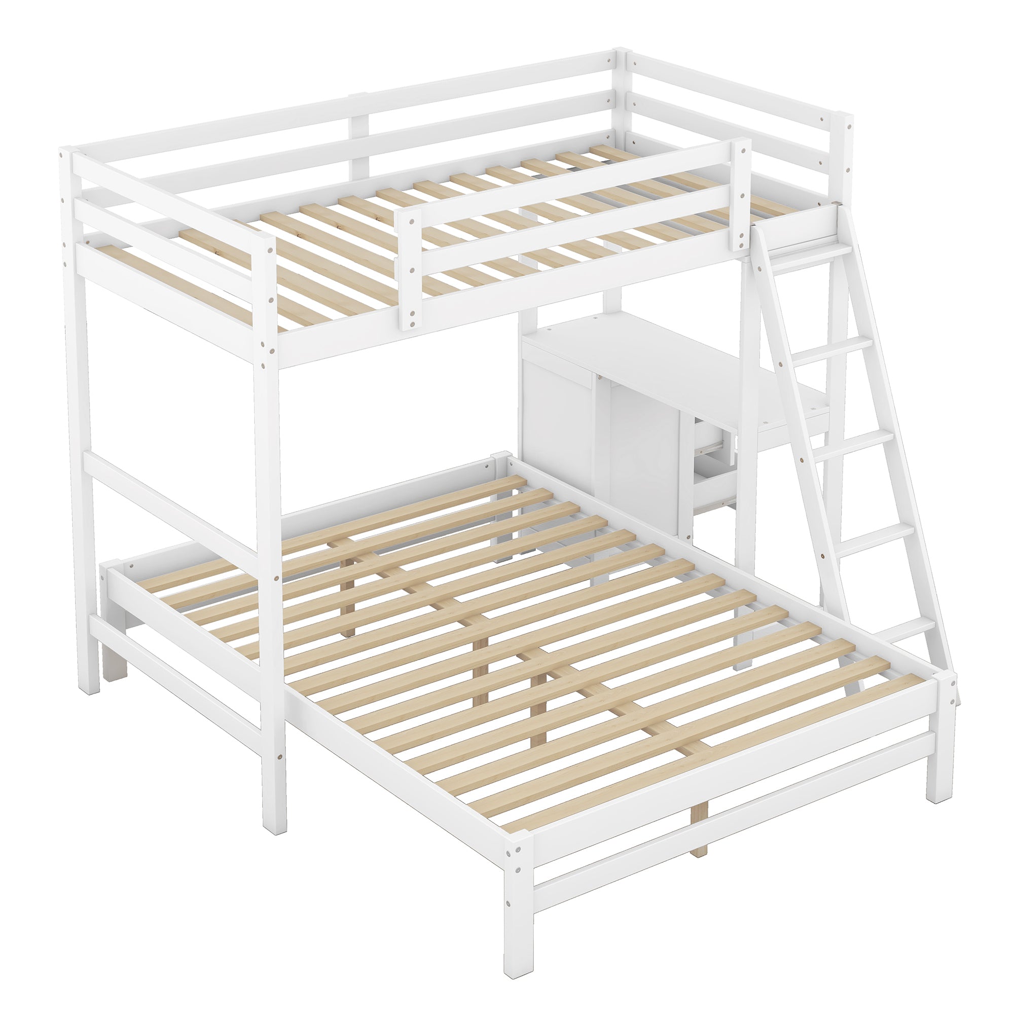 Twin over Full Bunk Bed with Built-in Desk and Three Drawers,White