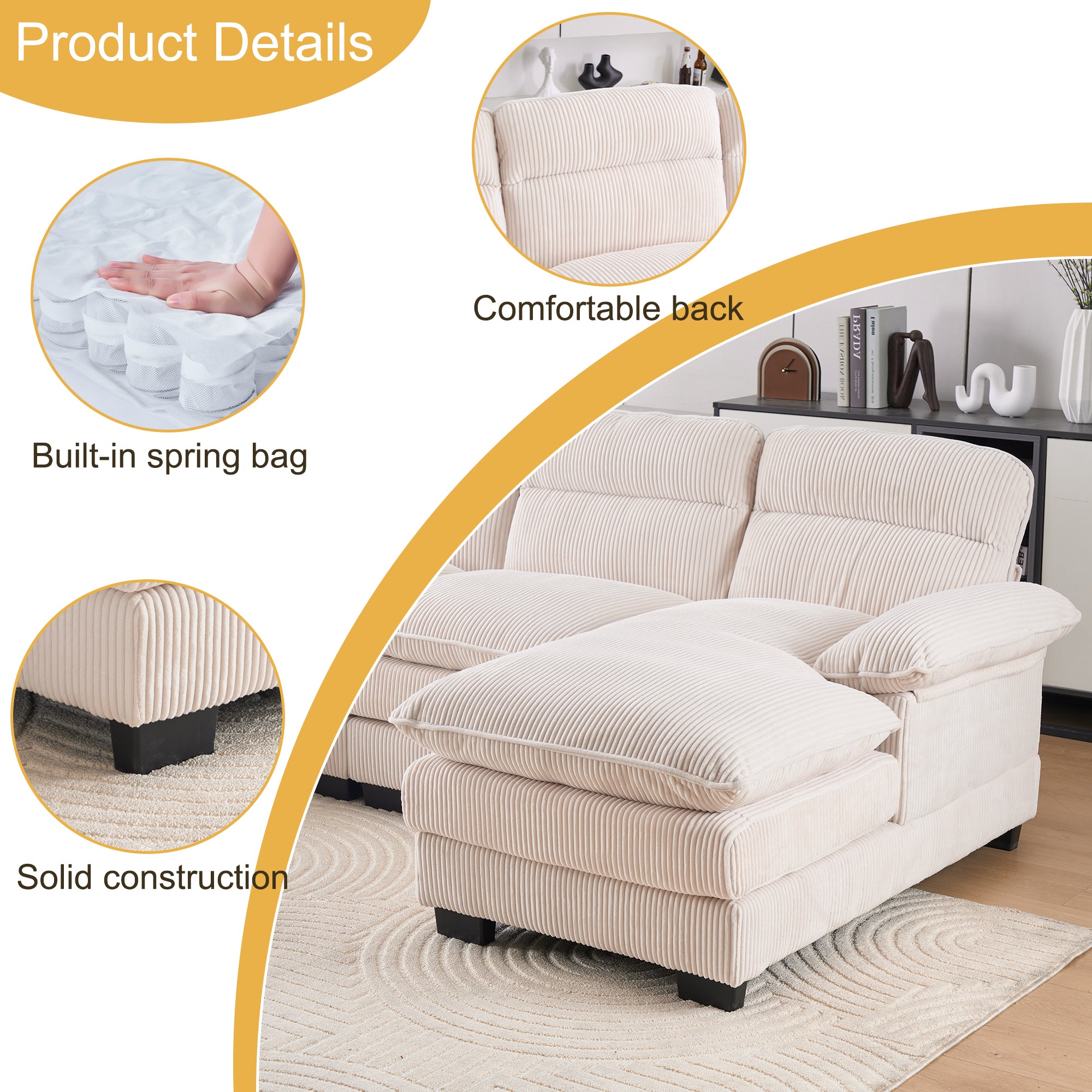 U-shaped profile sofa, including two single seats and two chaise, modular sofa, Corduroy sofa