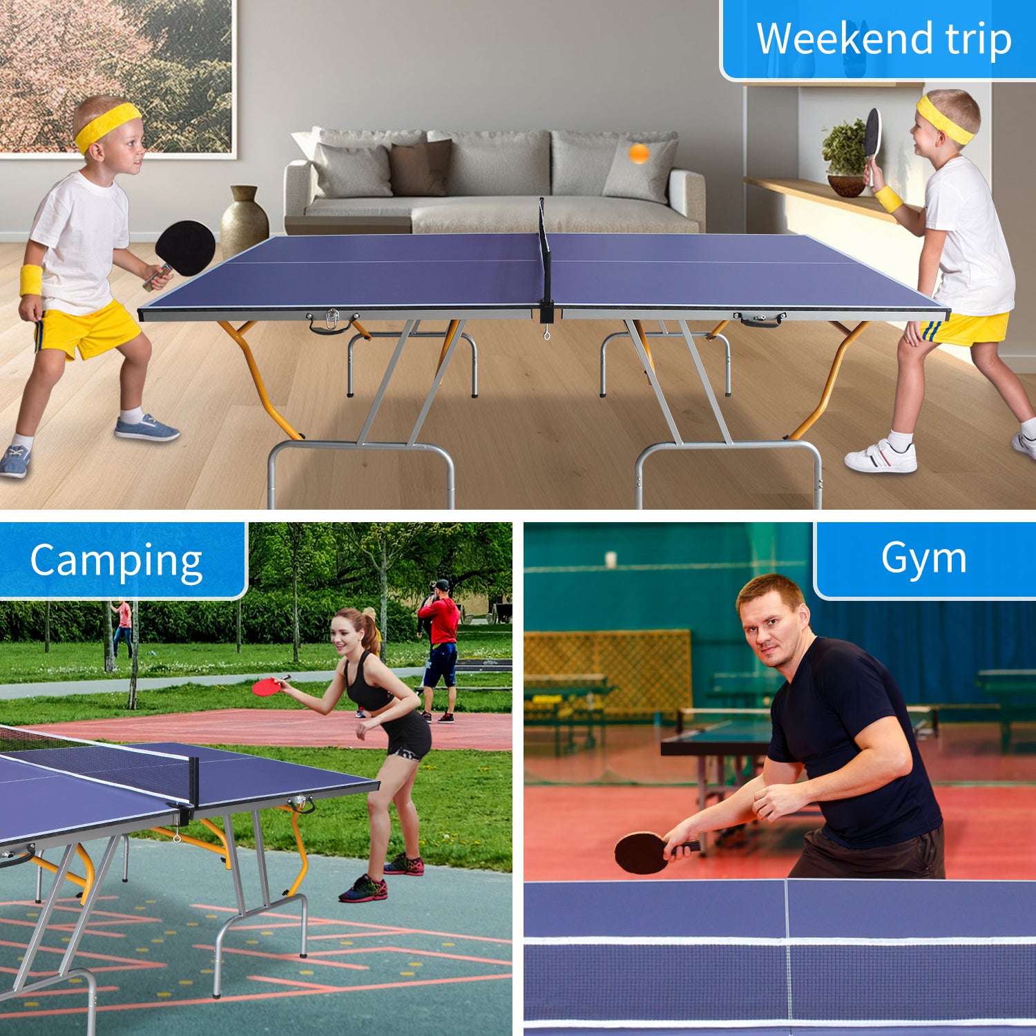 8ft Mid-Size Table Tennis Table Foldable & Portable Ping Pong Table Set for Indoor & Outdoor Games with Net, 2 Table Tennis Paddles and 3 Balls