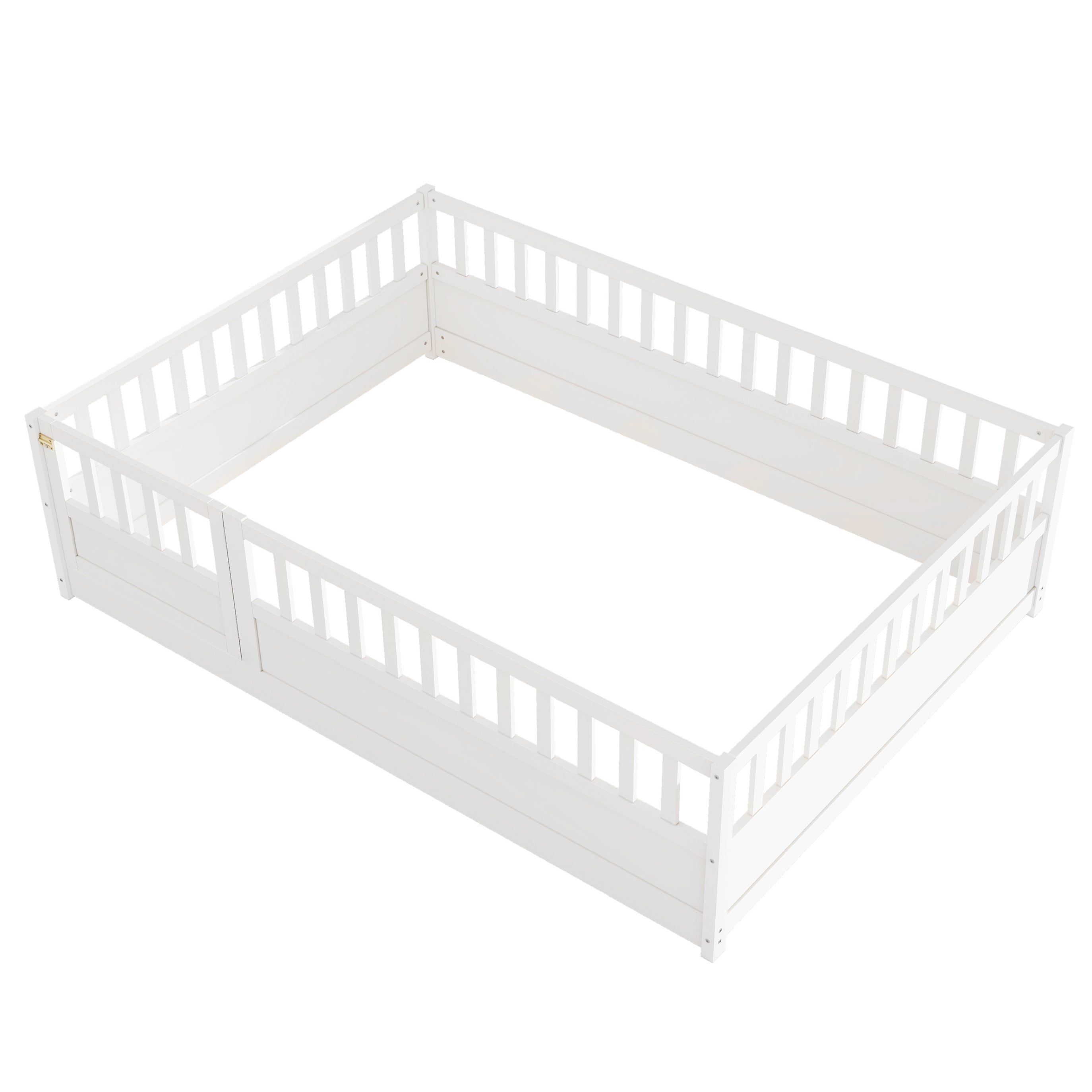 Full size  Floor bed, integral construction with super high security barrier, door, children's floor bed frame, Montessori wooden children's floor bed, white