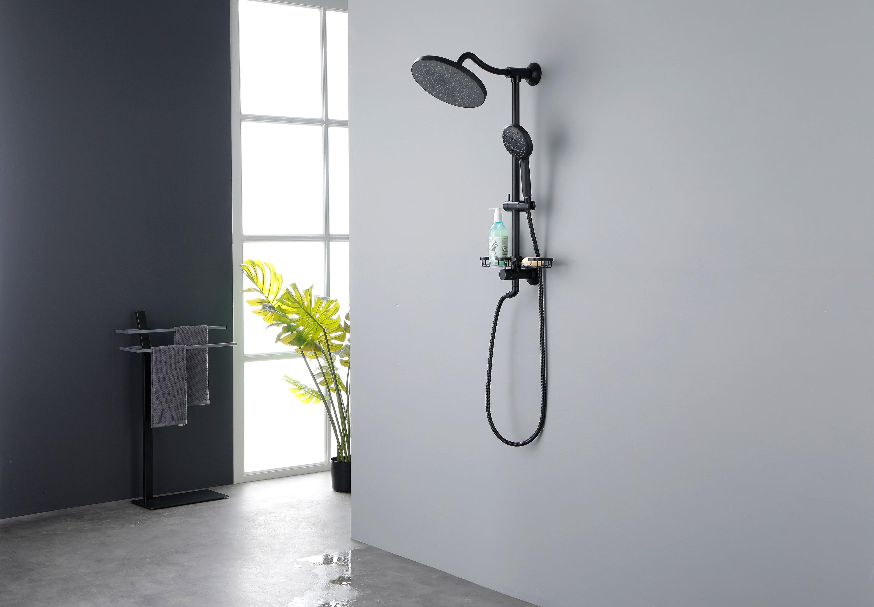 ShowerSpas Shower System, with 10" Rain Showerhead, 4-Function Hand Shower, Adjustable Slide Bar and Soap Dish, Matte Black Finish