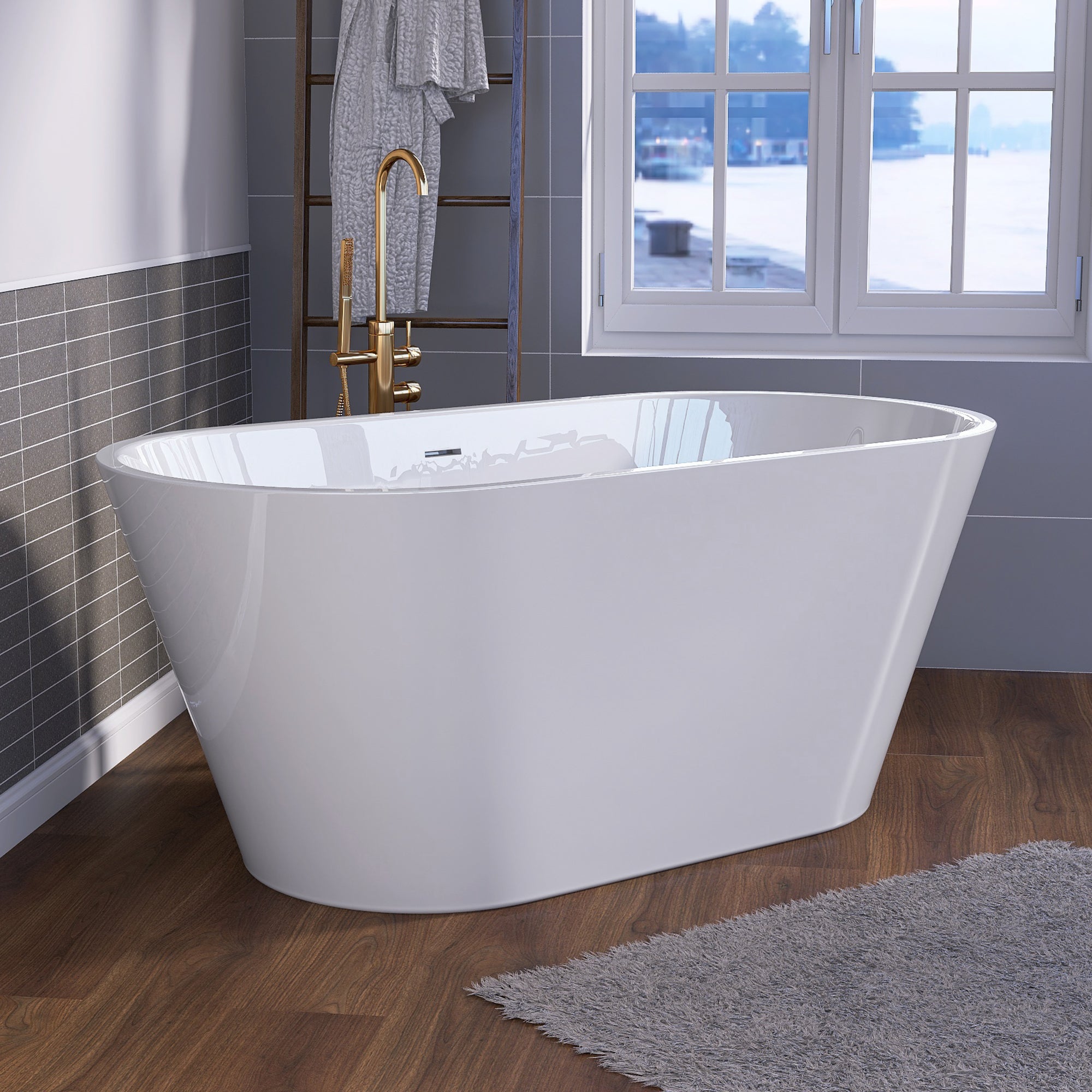 51" Acrylic Freestanding Bathtub Contemporary Soaking White Tub with Overflow and Pop-up Drain Gloss White