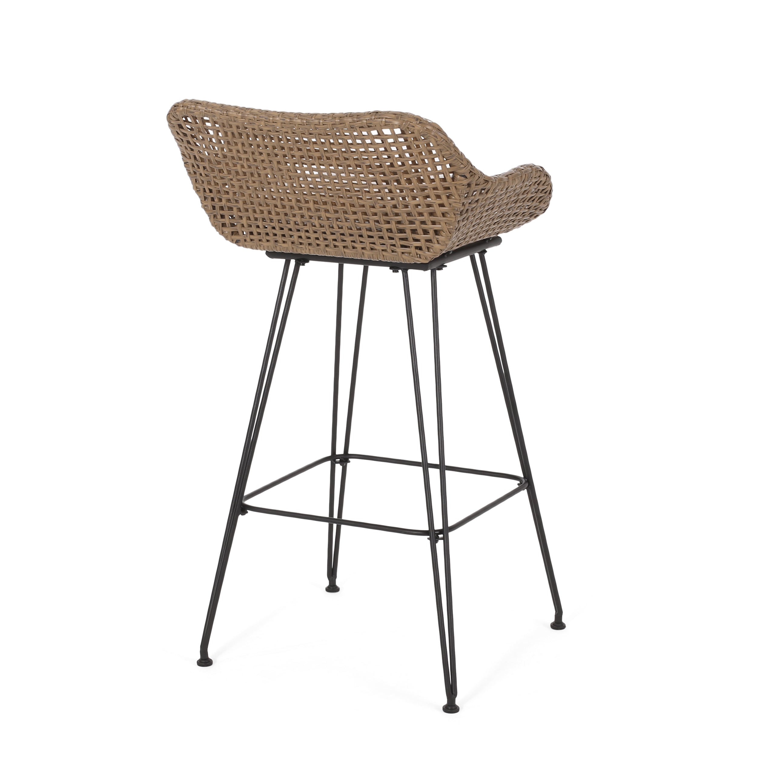 29.25" Outdoor Wicker and Iron Low Back Barstools, Light Brown, with Beige Cushion (Set of 2)