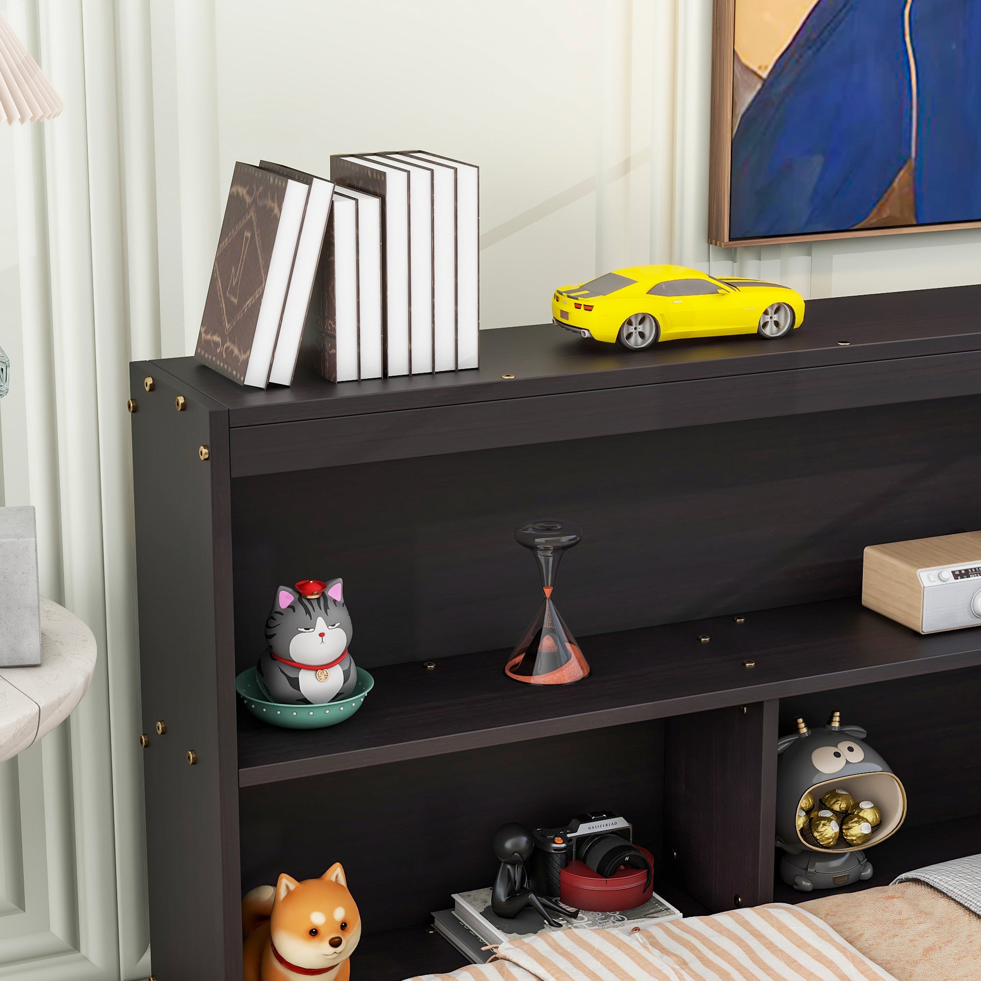 Full Floor Bed with L-shaped Bookcases, sliding doors,without slats,Espresso