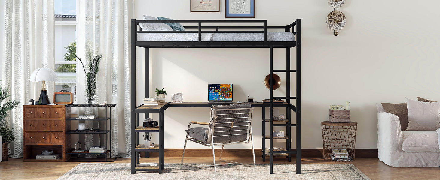 Full Metal Loft Bed with Desk and Shelves, Loft Bed with Ladder and Guardrails, Loft Bed Frame for Bedroom, Black with Vintage Wood-colored desk