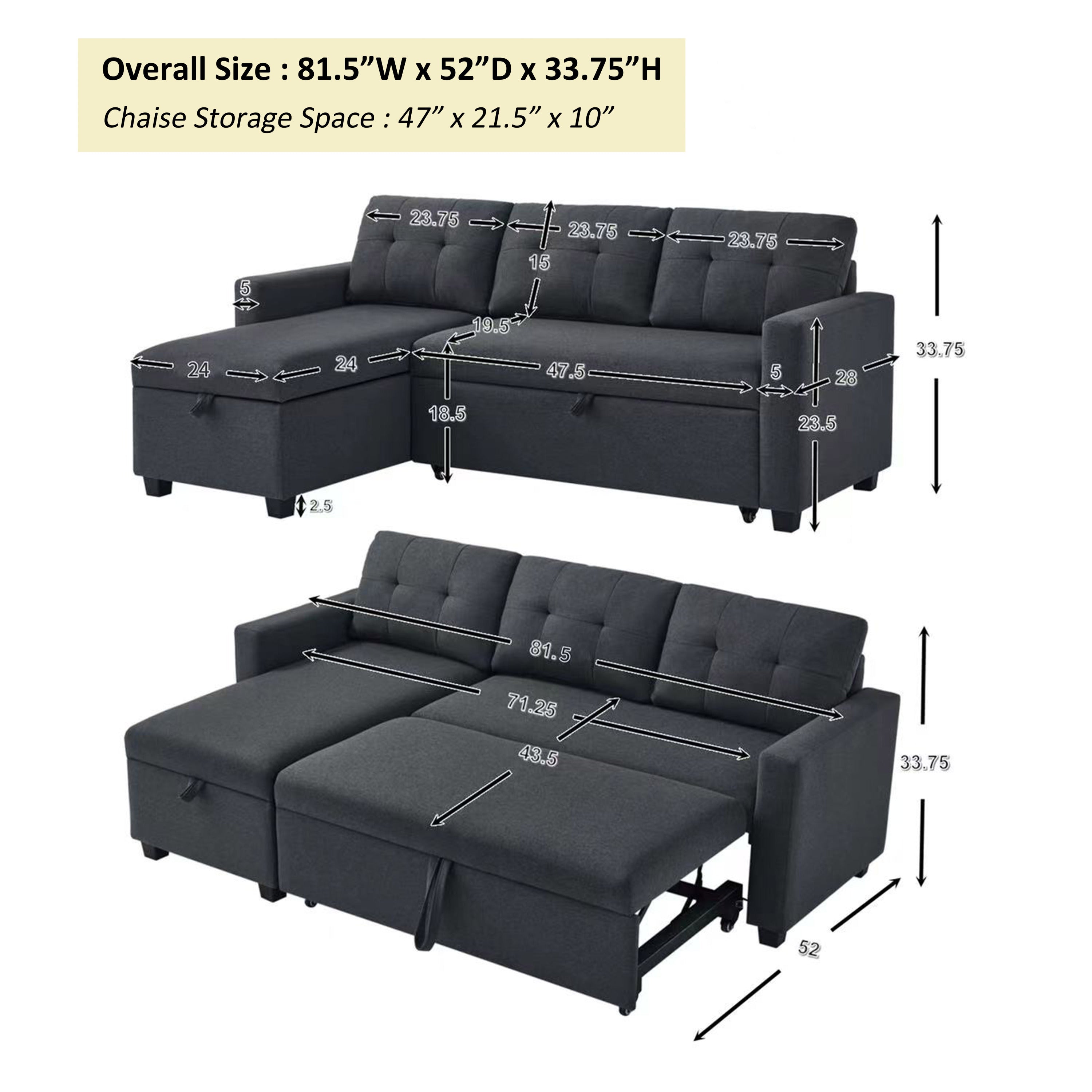 Upholstered Pull Out Sectional Sofa with Storage Chaise, Convertible Corner Couch, Dark Grey