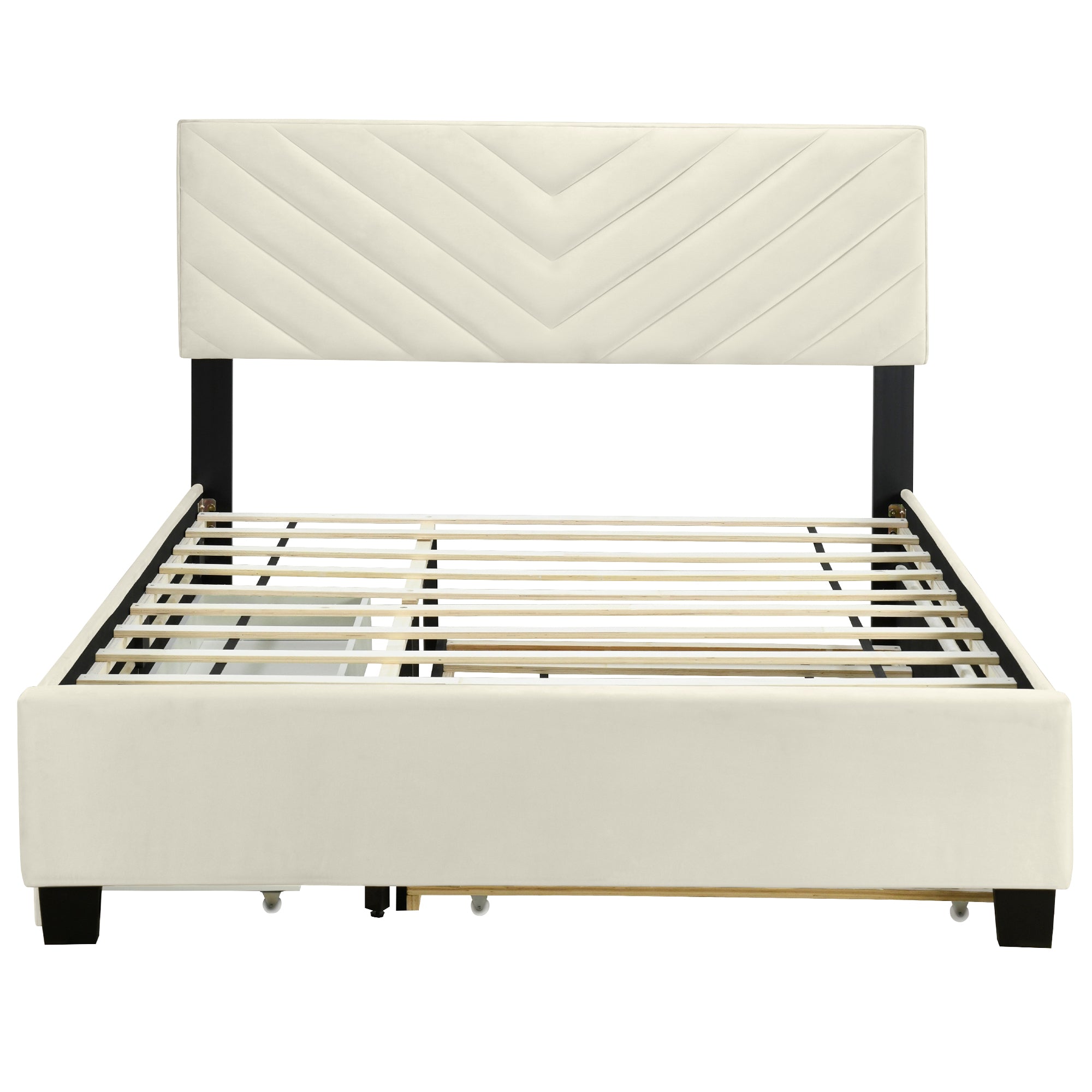 Queen Size Upholstered Platform Bed with Twill Headboard, Pullout Bed and Two Drawers, Flannel, Beige