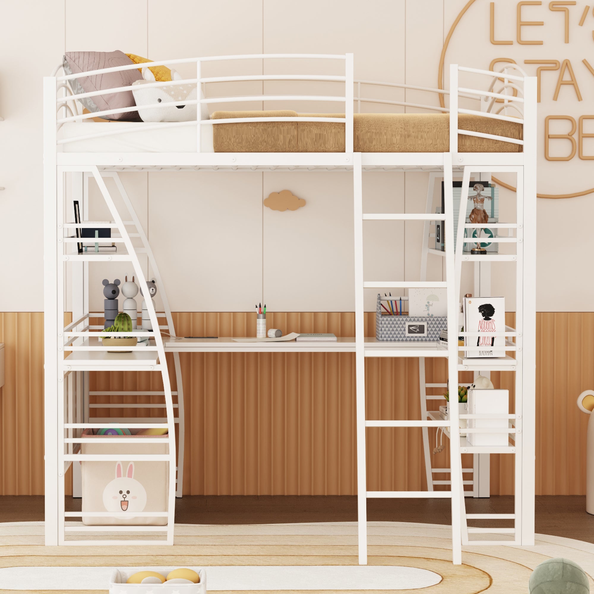 Full Size Loft Bed with 4 Layers of Shelves and L-shaped Desk, Stylish Metal Frame Bed with a set of Sockets, USB Ports and and Wireless Charging, White