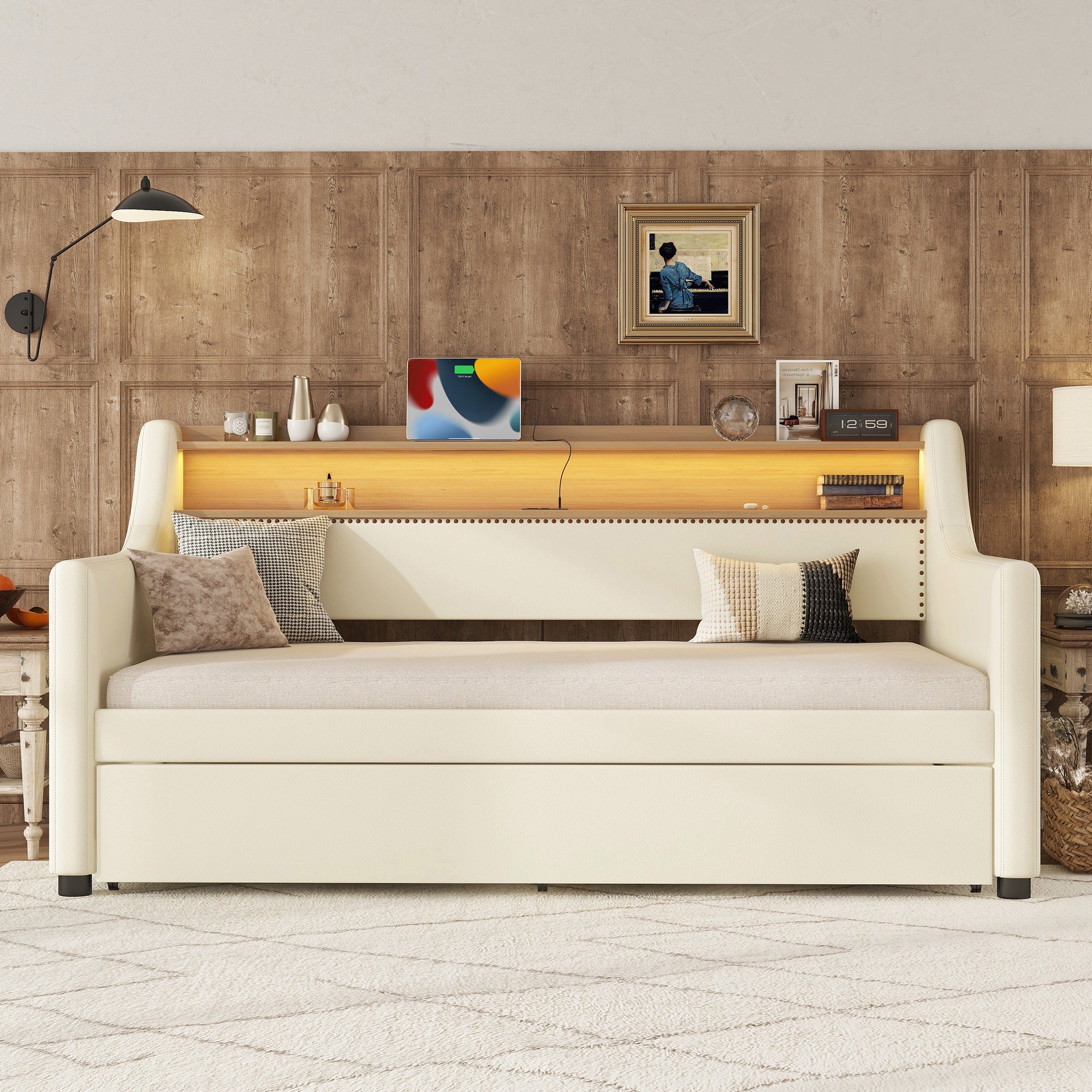 Twin Size Daybed with Trundle, Upholstered Daybed with Charging Station and LED Lights, White (Expect arrive date:May 20th. )