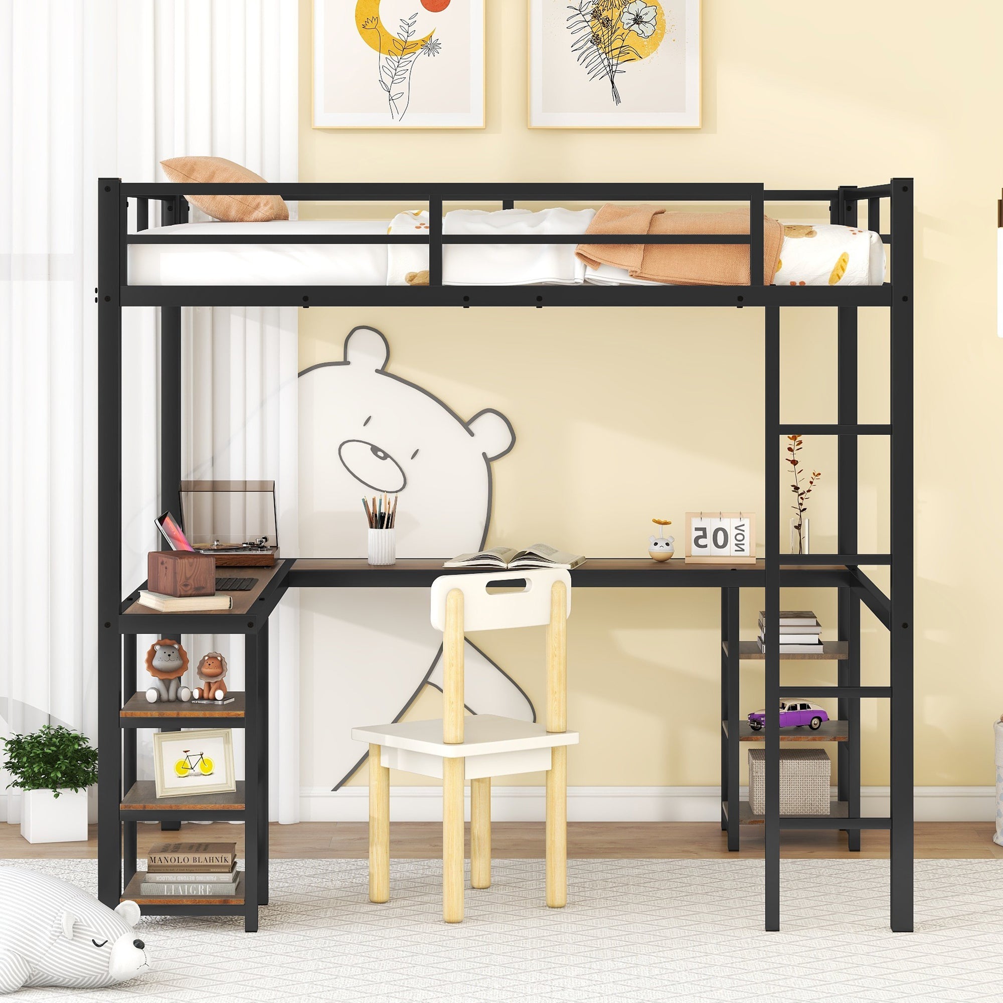 Full Metal Loft Bed with Desk and Shelves, Loft Bed with Ladder and Guardrails, Loft Bed Frame for Bedroom, Black with Vintage wood-colored desk(Old SKU: W1307S00022)