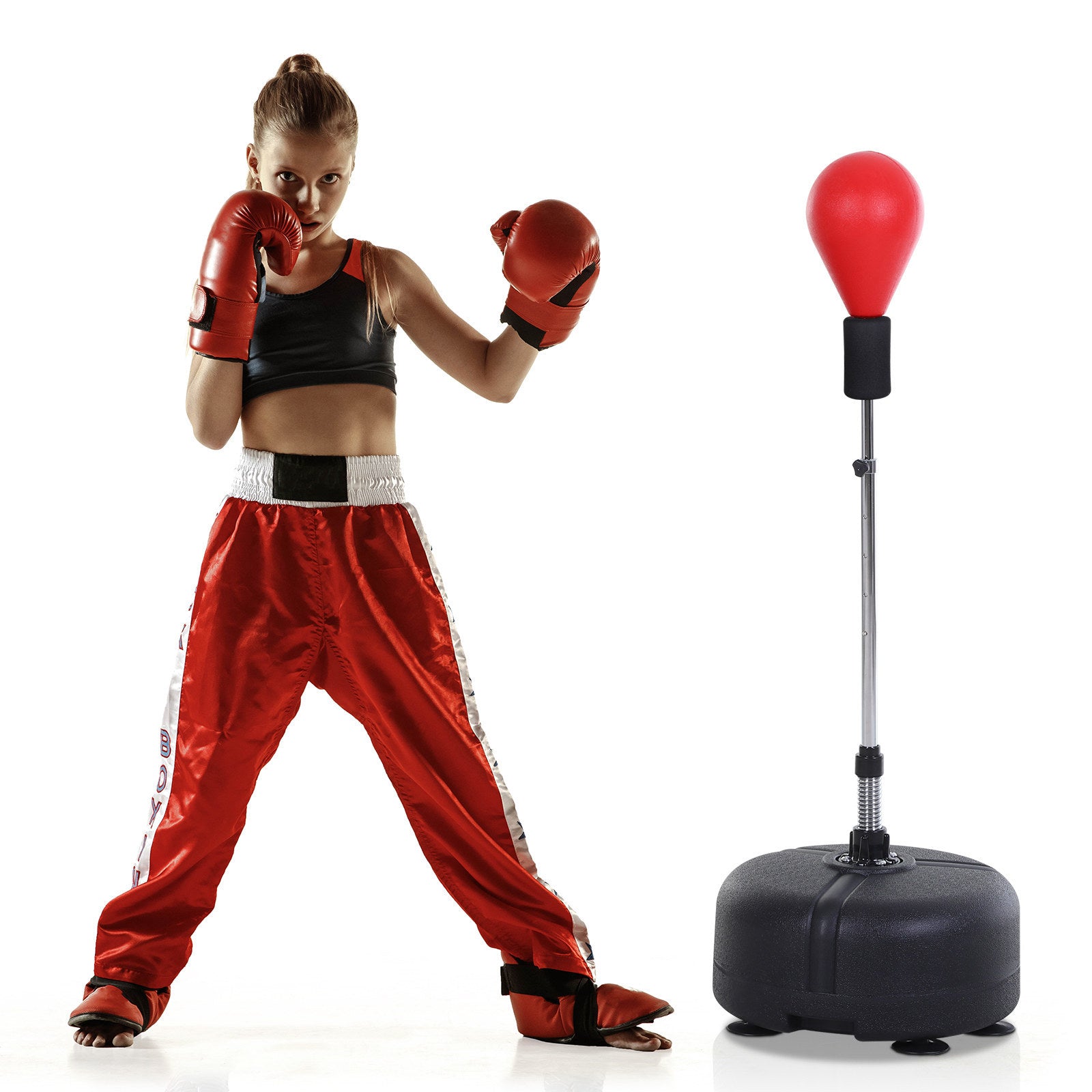 Soozier Free Standing Punching Bag with Stand and Boxing Gloves, Height Adjustable Boxing Bag Set, For Training, Exercise, Fitness & Stress Relief - Red