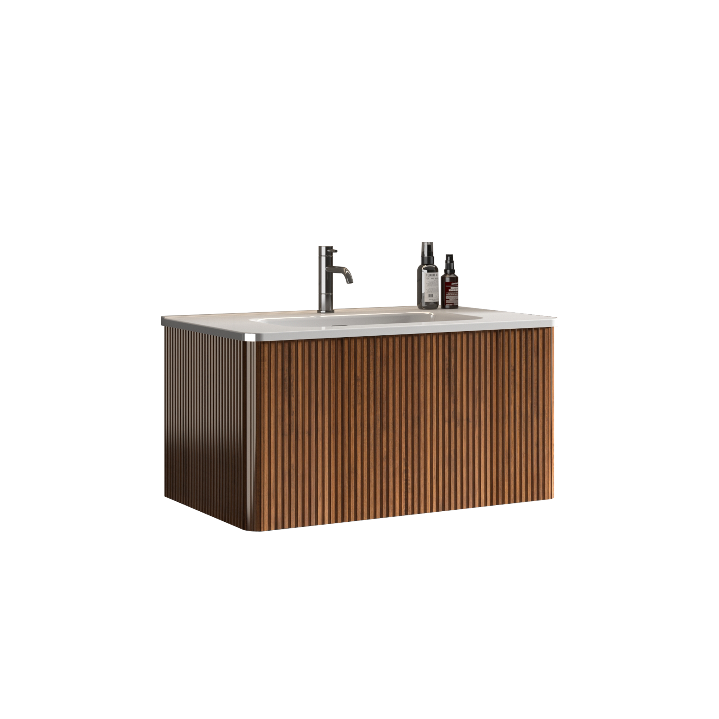 U047-Etna30W-305 Etna 30" Striped Walnut Bathroom Vanity with White Ceramic Sink, Wall Mounted Floating Bathroom Vanity for Modern Bathroom, Pre-assembled