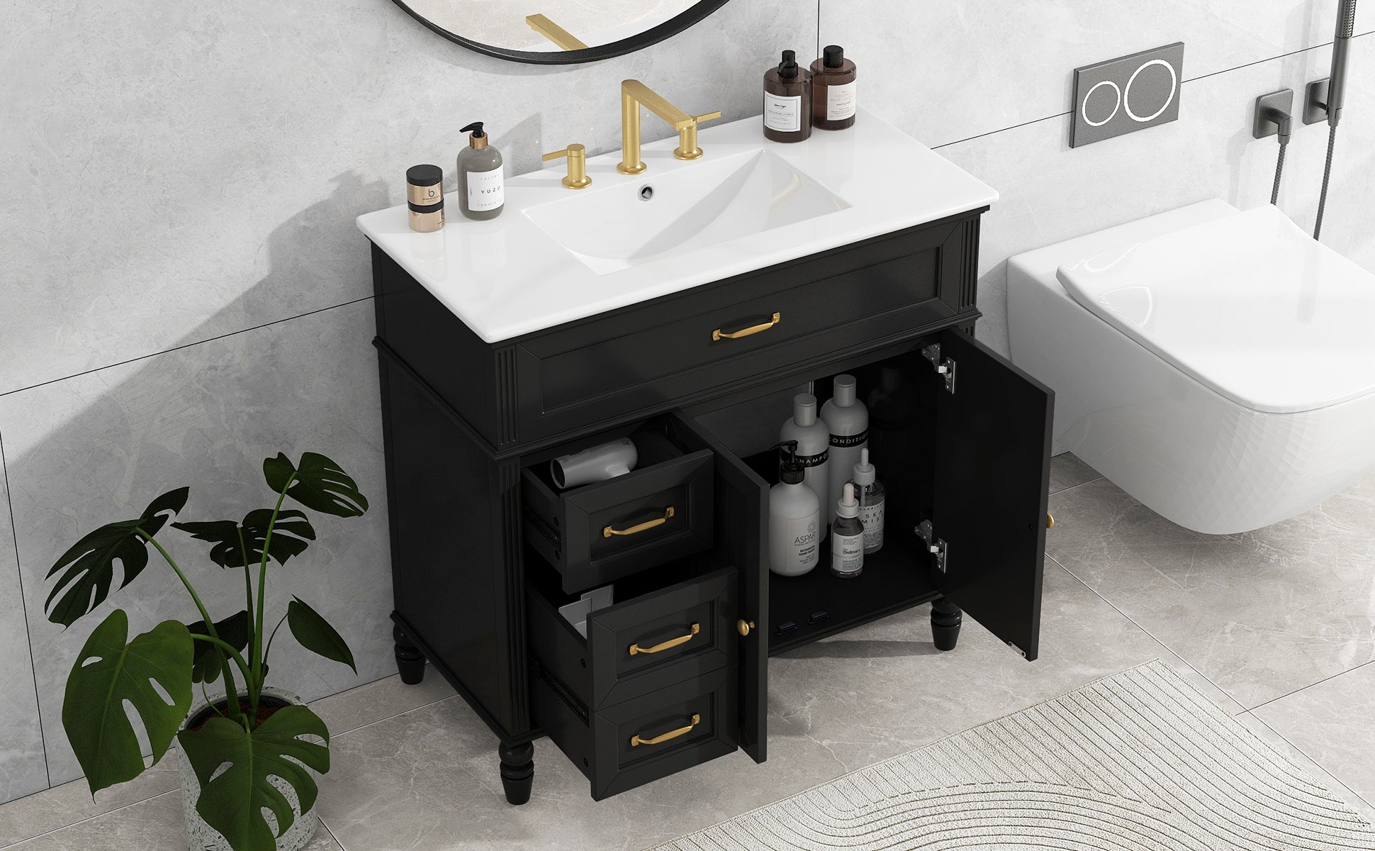 36" Bathroom Vanity with Sink, Black Bathroom Cabinet with Drawers, Solid Frame and MDF Board, One Package