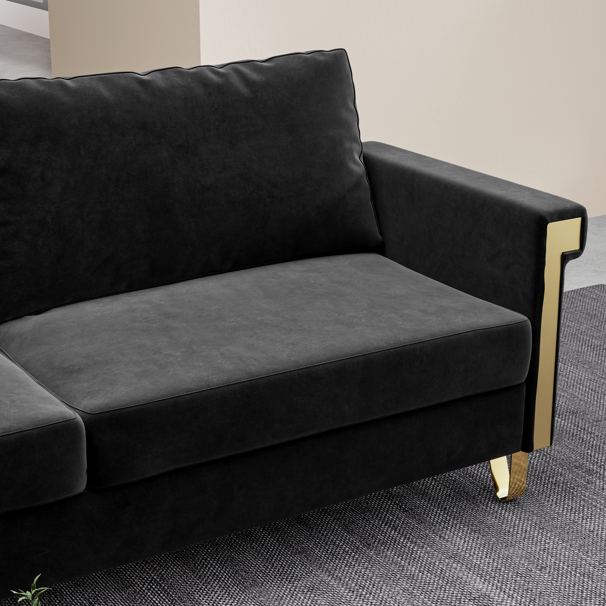 76.34inch Mid-Century Modern Velvet Sofa Black Couch with Gold Metal Accents for Living Room or Lounge