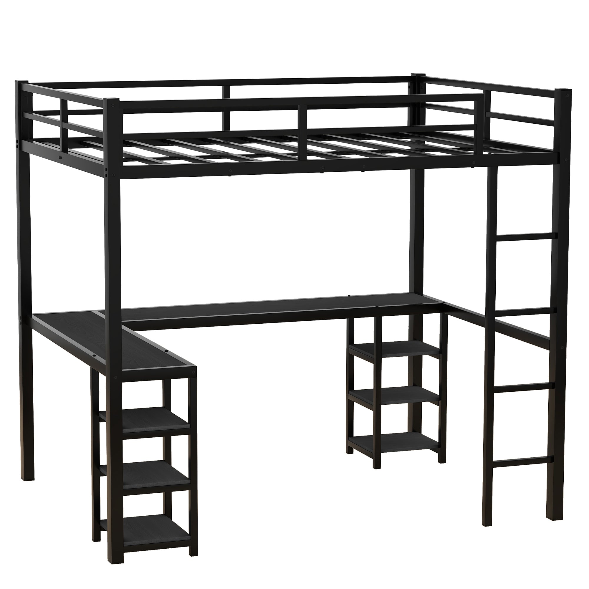 Full Metal Loft Bed with Desk and Shelves, Loft Bed with Ladder and Guardrails, Loft Bed Frame for Bedroom, Black with Black Desk