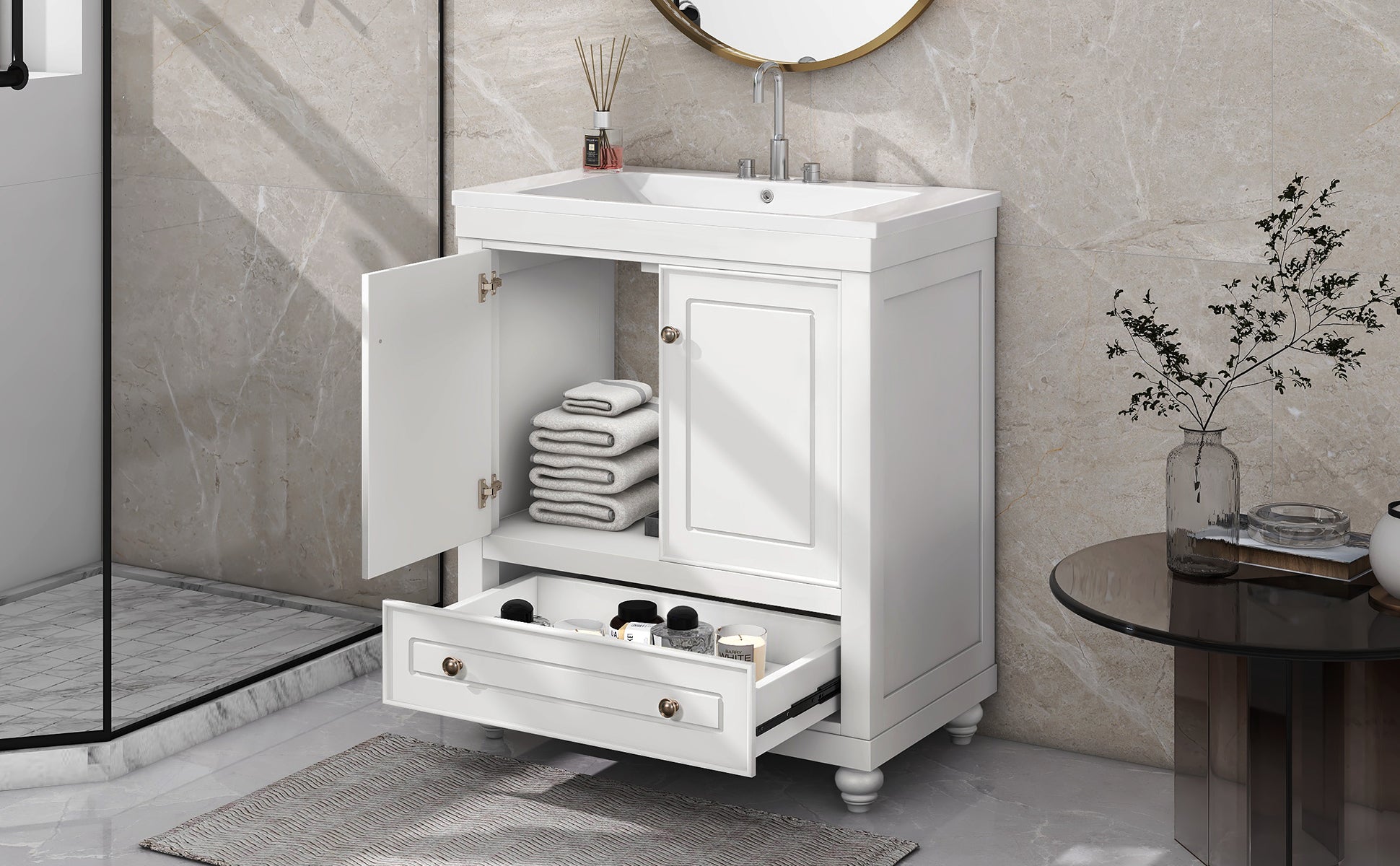 30" Bathroom Vanity with Sink, Combo, Cabinet with Doors and Drawer, Solid Frame and MDF Board, White