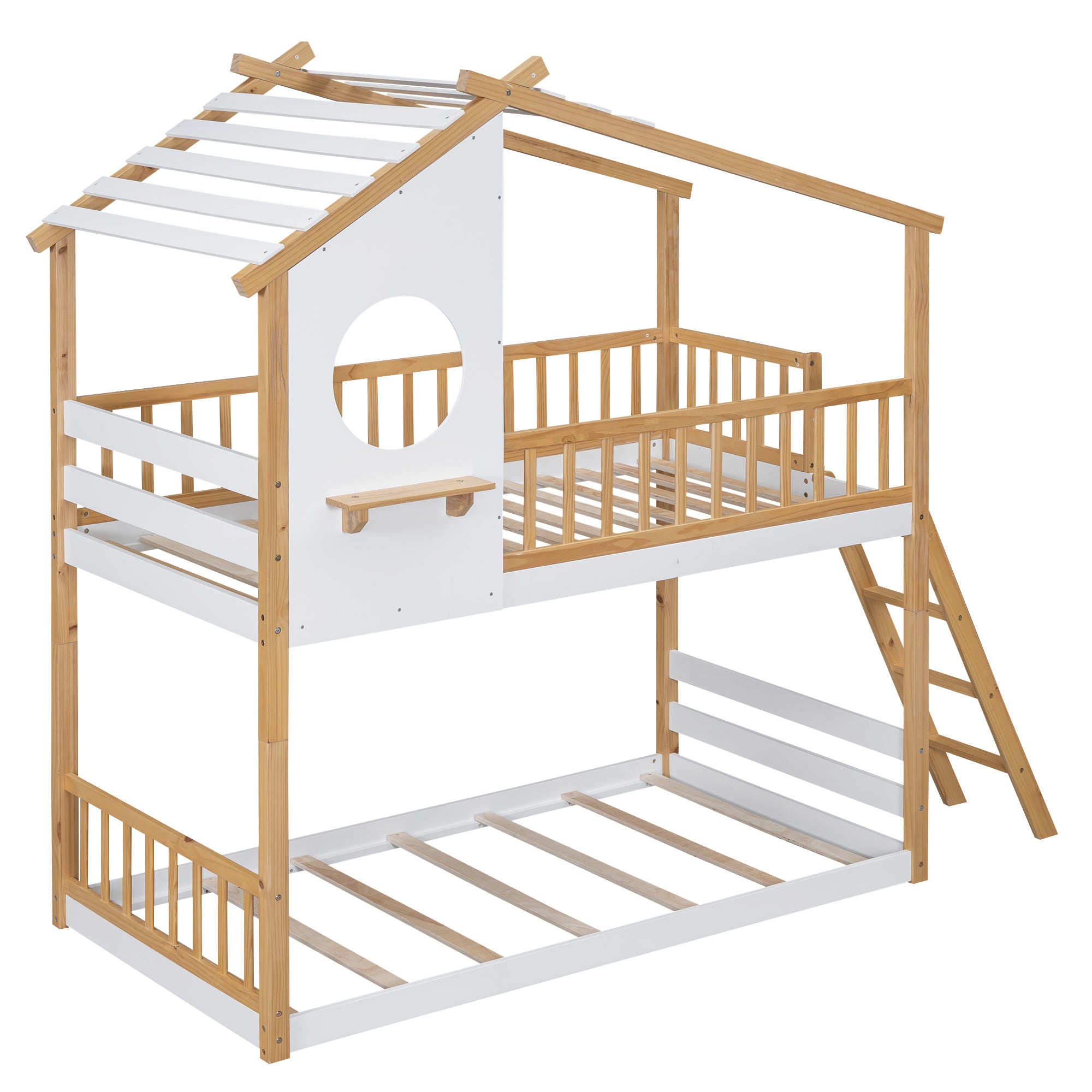 Twin Over Twin Bunk Bed Wood Bed with Roof, Window, Ladder,Natural(OLD SKU :LT100008AAD)