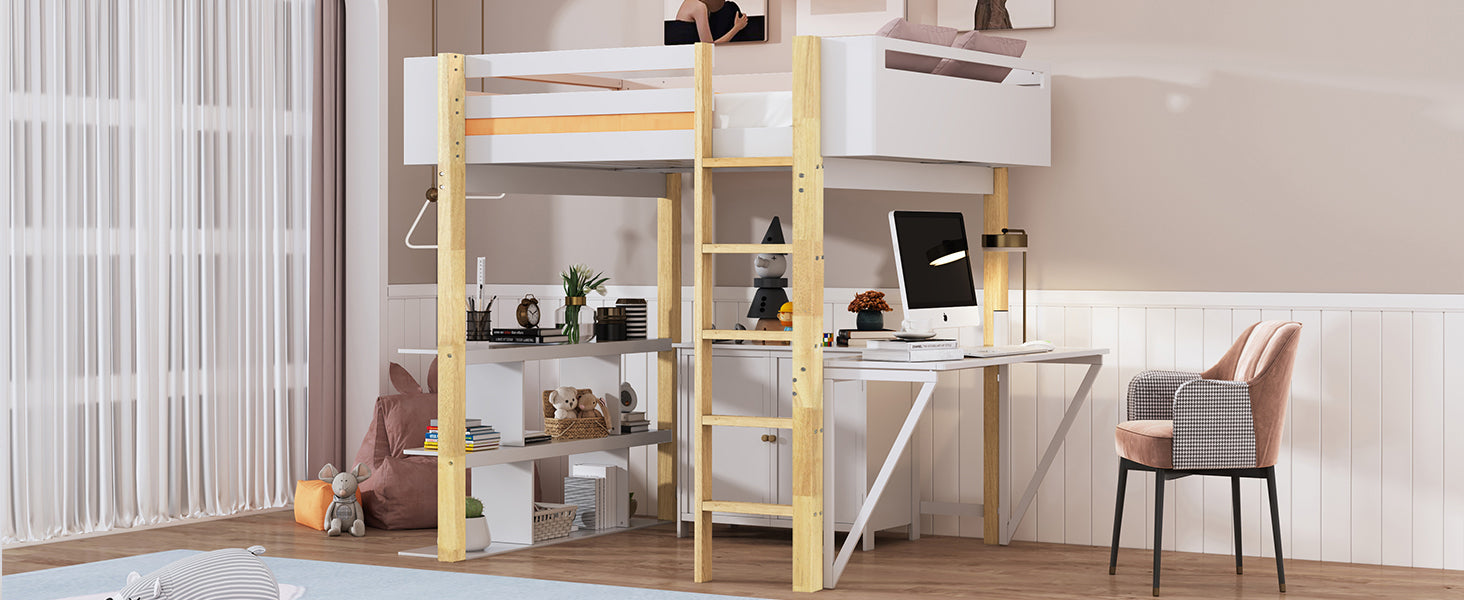 Full Size Wood Loft Bed With Built-in Storage Cabinet and Cubes, Foldable desk, White