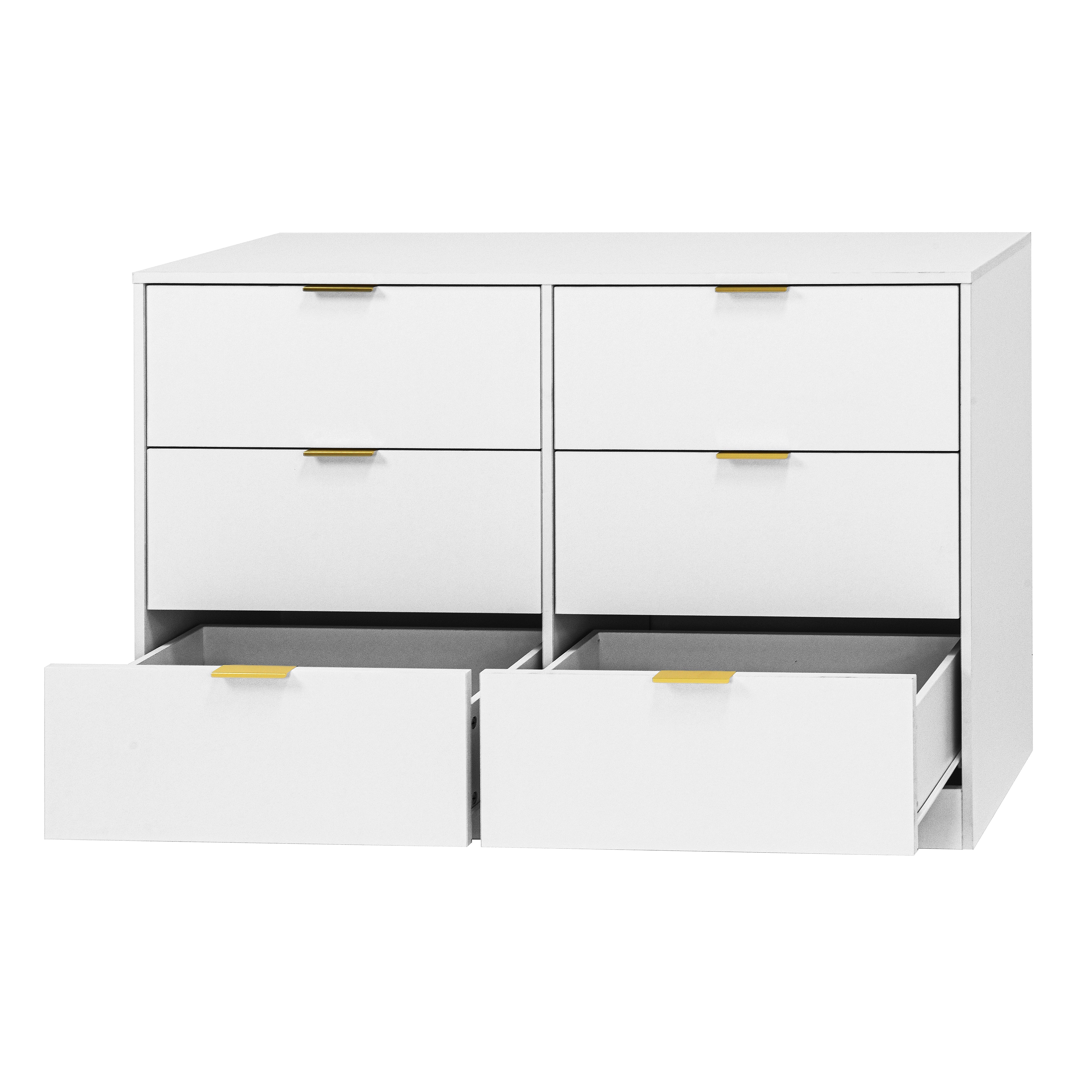 White modern chest of drawers, side profile view