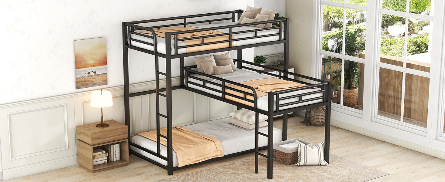 L-shaped Metal Triple Twin Size Bunk Bed, Black(OLD SKU:SM000605AAB)