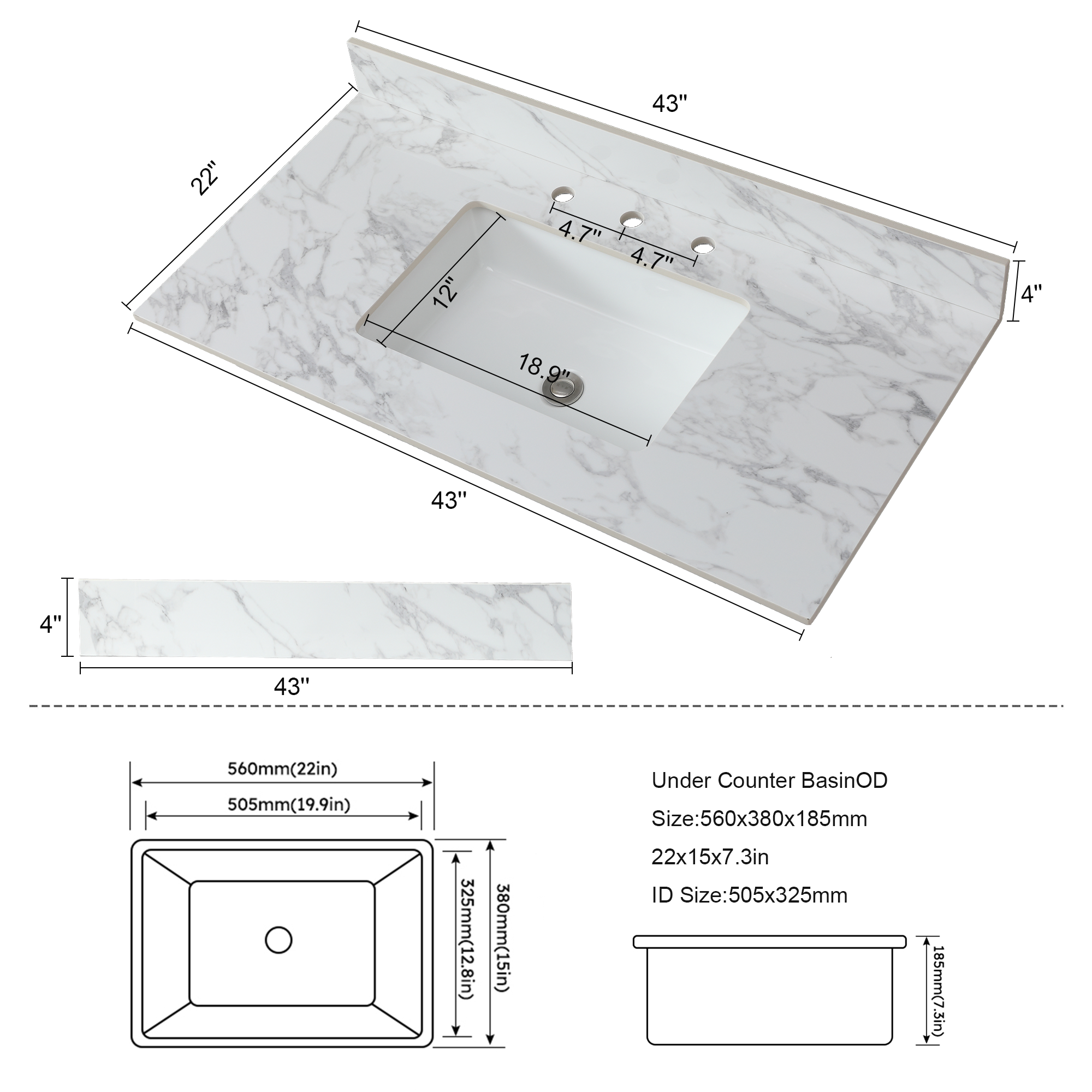 43"x22"Bathroom Vanity Top,sintered stone carra white   Barthroom Vanity Sink Tops with Rectangular Undermount Ceramic Sink with Vanity Backsplash, Three Faucet Hole Bathroom Vanity Countertop