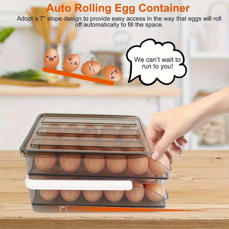 2-Tier Automatic Rolling Egg Rack Refrigerator Storage Container Drawer with Lid