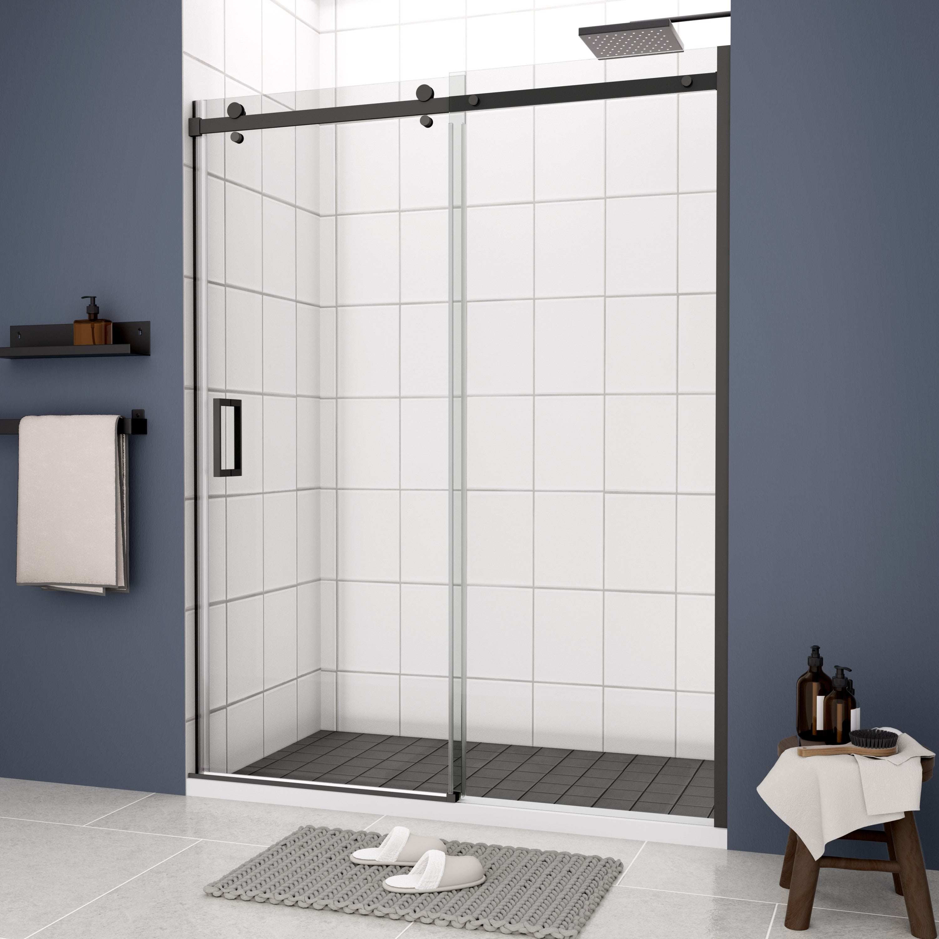 60"W x 74"H Glass shower door, sliding door, with 5/16" tempered glass and Matted Black  finish