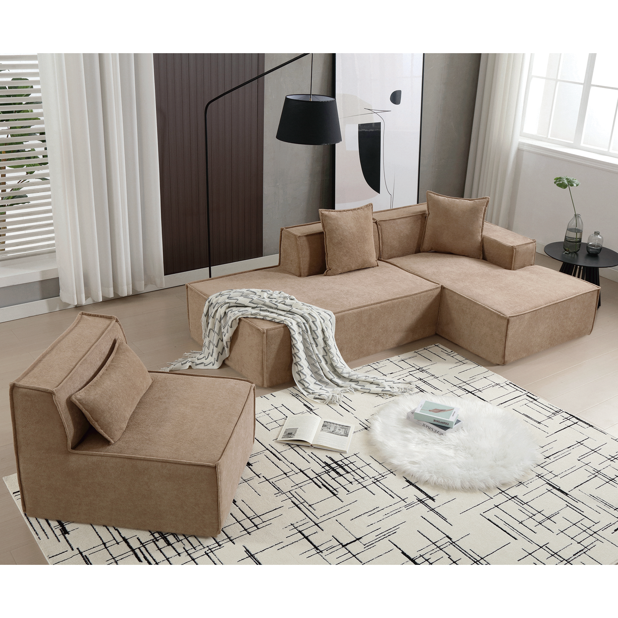 [VIDEO PROVIDED] Modular combination  sofa set, modern minimalist sofa, free installation sofa, L-shaped, Italian minimalist tofu block sofa,  Right-Hand Facing,Terrycloth fabric,Light Brown