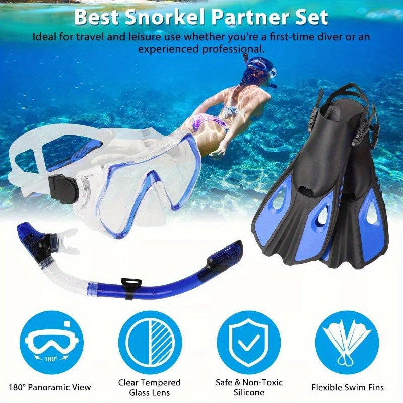 Mask Fin Snorkel Set with Adult Snorkeling Gear 180° Panoramic View Diving Mask Large-XL