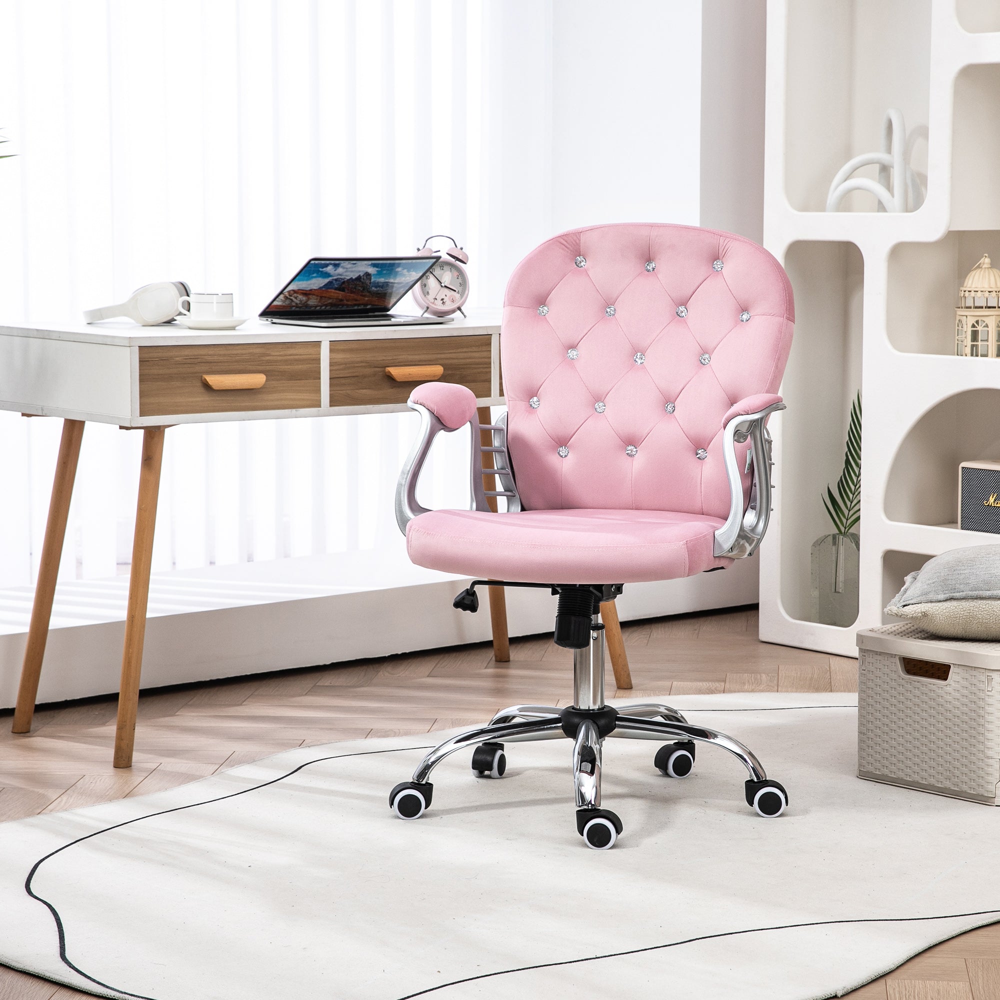 Vinsetto Velvet Home Office Chair, Button Tufted Desk Chair with Padded Armrests, Adjustable Height and Swivel Wheels, Pink