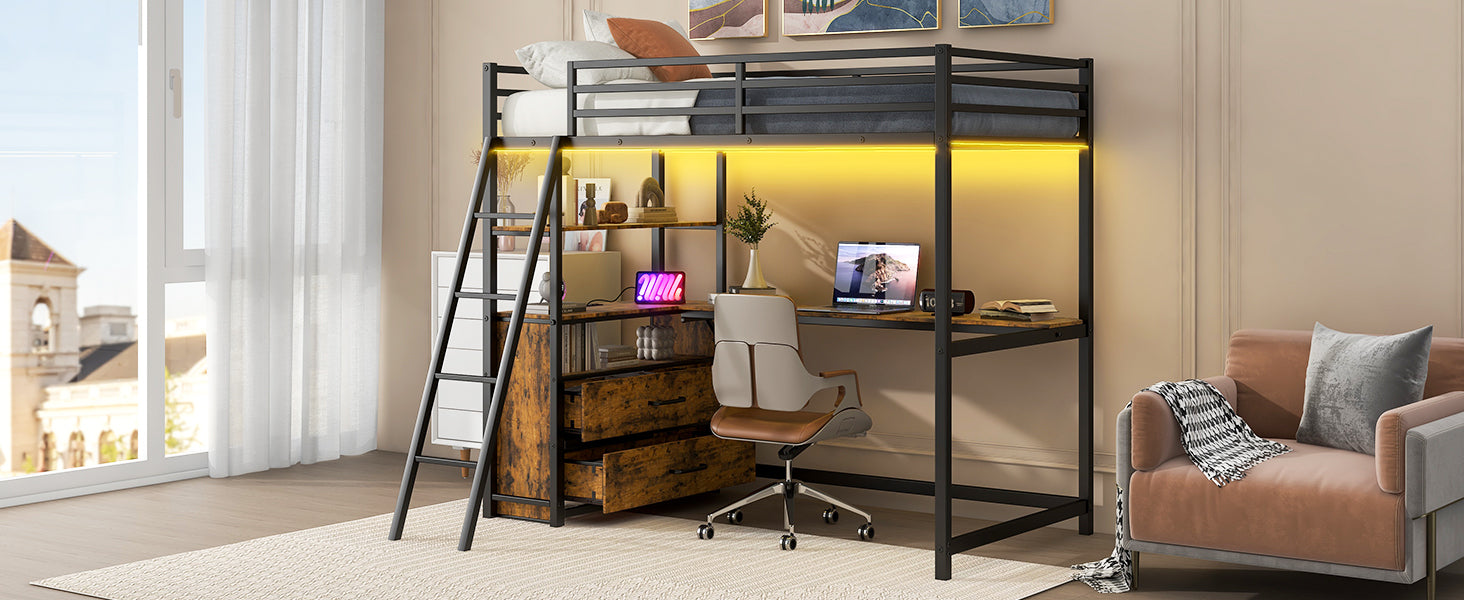 Twin Size Metal&Wood Loft Bed with Desk and Shelves, Two Built-in Drawers, LED Light and USB Charging Station, Black