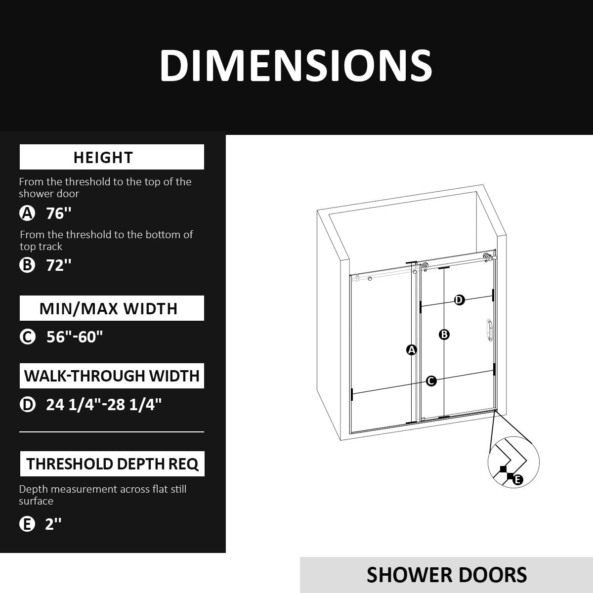 Semi-Frameless Sliding Shower Door 56-60"W x 72"H, Bathroom Sliding Door with 5/16" Clear Tempered Glass,Chrome Finish, Designed for Smooth Door Closing