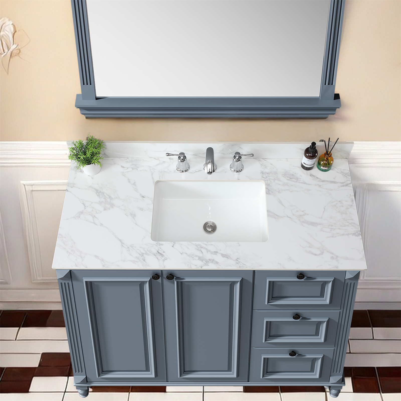 49"x22"Bathroom Vanity Top,sintered stone carra white   Barthroom Vanity Sink Tops with Rectangular Undermount Ceramic Sink with Vanity Backsplash, Three Faucet Hole Bathroom Vanity Countertop