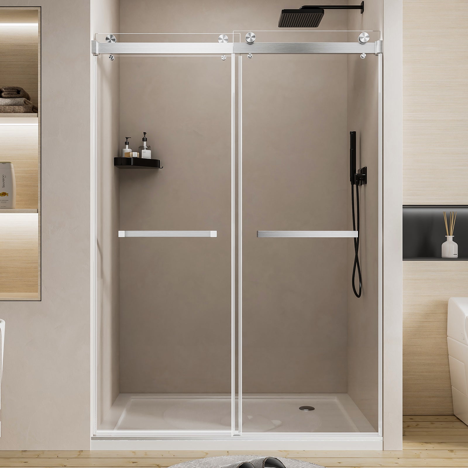 Frameless double sliding shower door 50-54 inch brushed nickel front view