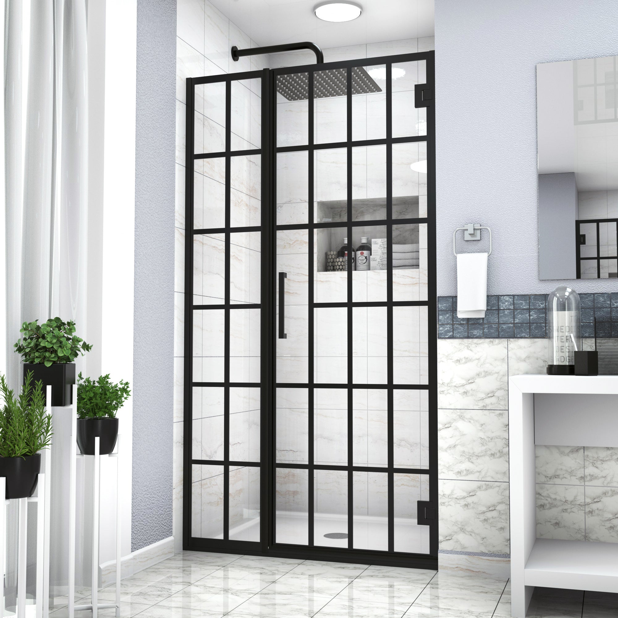 Shower Door 34" W x 72" H Pivot Frameless Shower Door with Pattern Glass, Open Entry Design in Matte Black