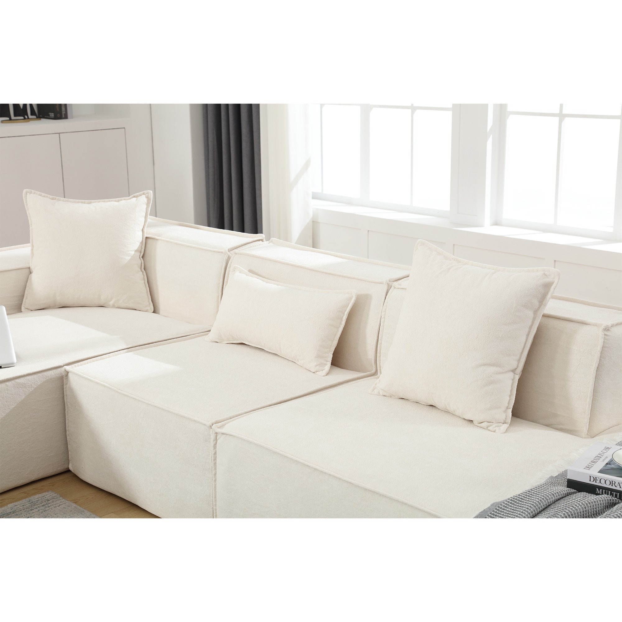 [VIDEO PROVIDED] Modular combination living room sofa set, modern minimalist sofa, free installation sofa, L-shaped, Italian minimalist tofu block sofa, Left-Hand Facing,Terrycloth fabric , Beige