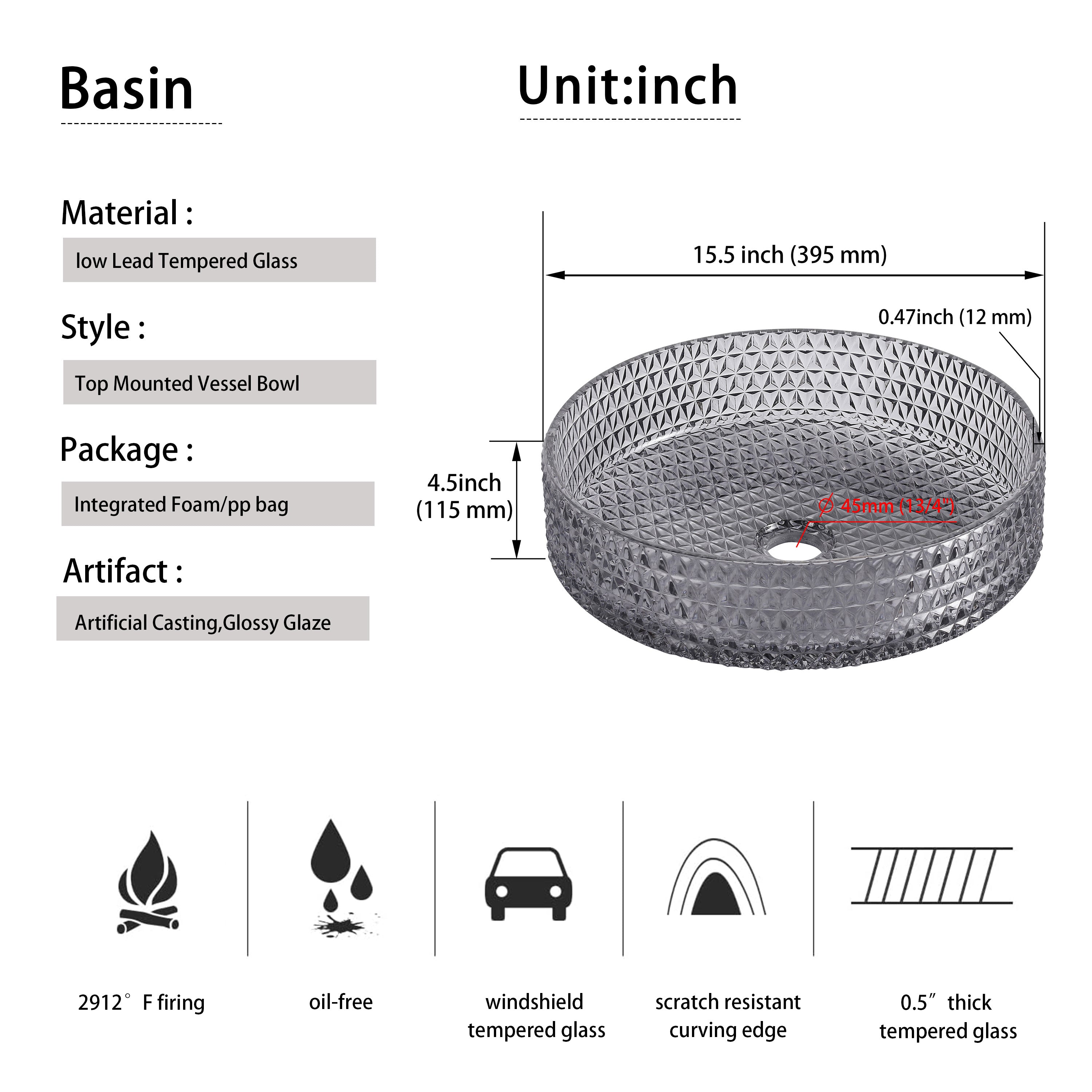 Glass Basin Circular Vessel Bathroom Basin, Bathroom Countertop Basin (Transparent Grey)