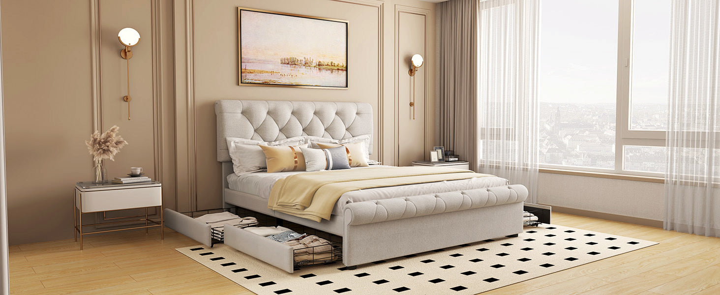 Full size Upholstered Platform bed with Four Drawers, Antique Curved Headboard, Linen Fabric, Beige (without mattress)