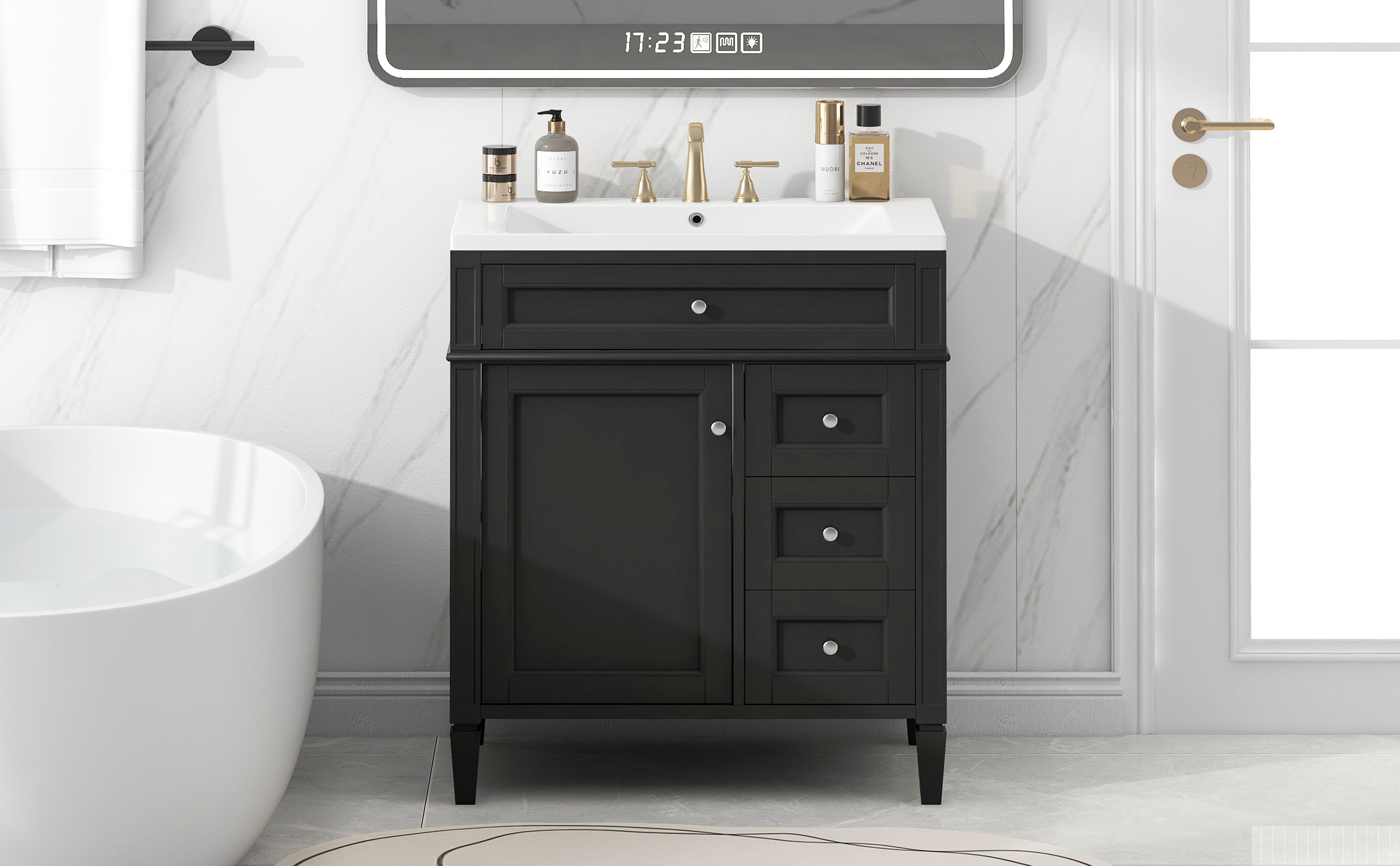 30'' Bathroom Vanity with Top Sink, Modern Bathroom Storage Cabinet with 2 Drawers and a Tip-out Drawer, Single Sink Bathroom Vanity