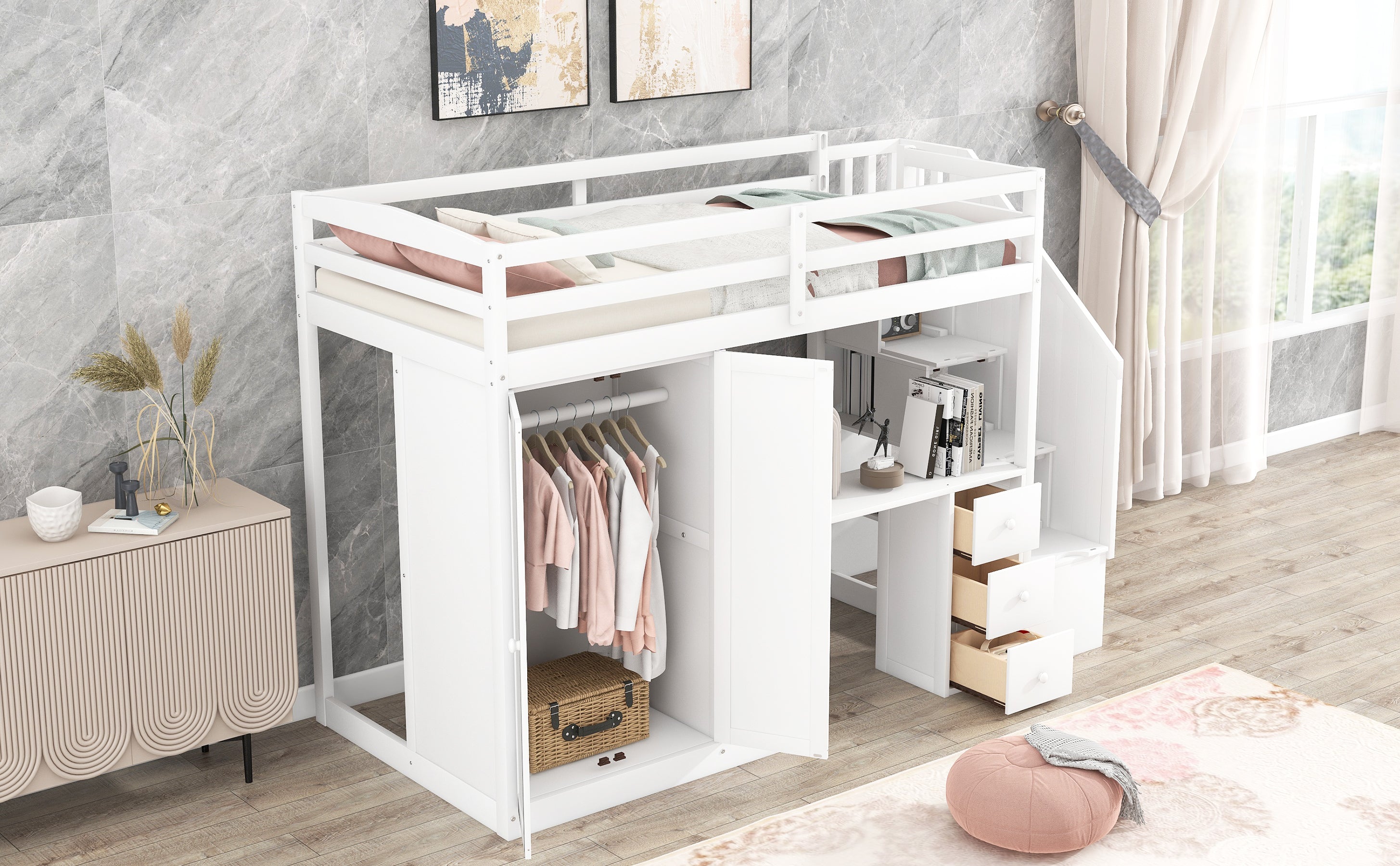 Twin Size Loft Bed with Wardrobe and Staircase, Desk and Storage Drawers and Cabinet in 1, White