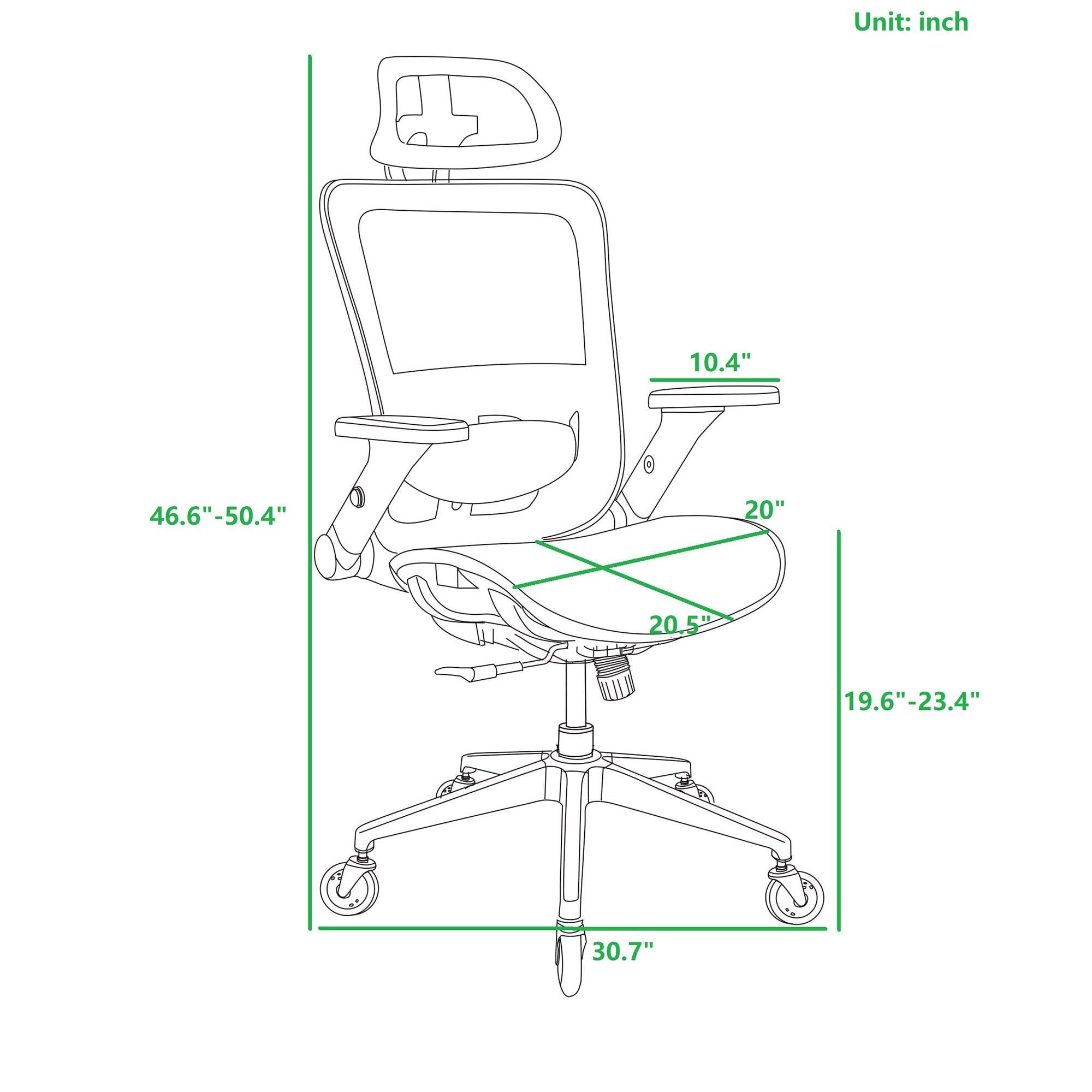 GREY Ergonomic Mesh Office Chair, High Back - Adjustable Headrest with Flip-Up Arms, Tilt and lock Function, Lumbar Support and blade Wheels, KD chrome metal legs